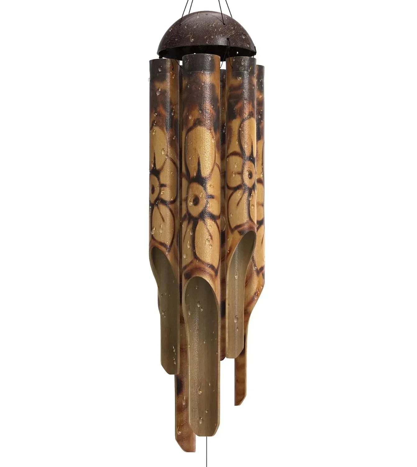Rustic Bamboo Wind Chimes - Outside Outdoor Wooden Windchimes, Medium, Floral Burned Design with Coconut Crown, Handcrafted with Calming Deep Tones, Home Decor Ideal Gift for Him & Her - Handmade Lifestyle Shop