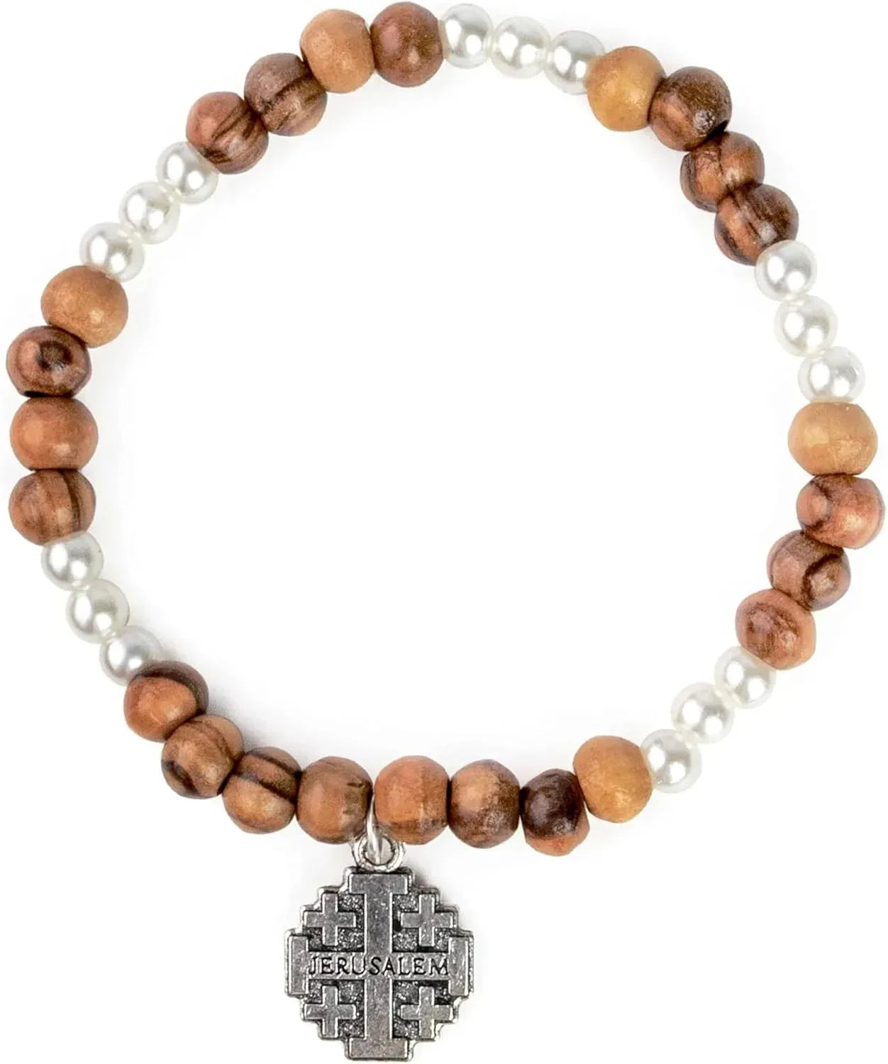 Handcrafted Olive Wood & White Bead Bracelet With Cross – Silver-Plated Jerusalem Cross Dangle – The Holy Land of Bethlehem Gifts – Unique Catholic Jewelry for Men and Women - Handmade Lifestyle Shop
