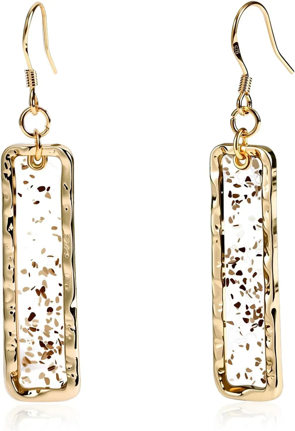 Gold Rectangle Dangle Earrings - Handmade Resin with Abalone Shell Pieces, Unique Drop Earrings - Handmade Lifestyle Shop