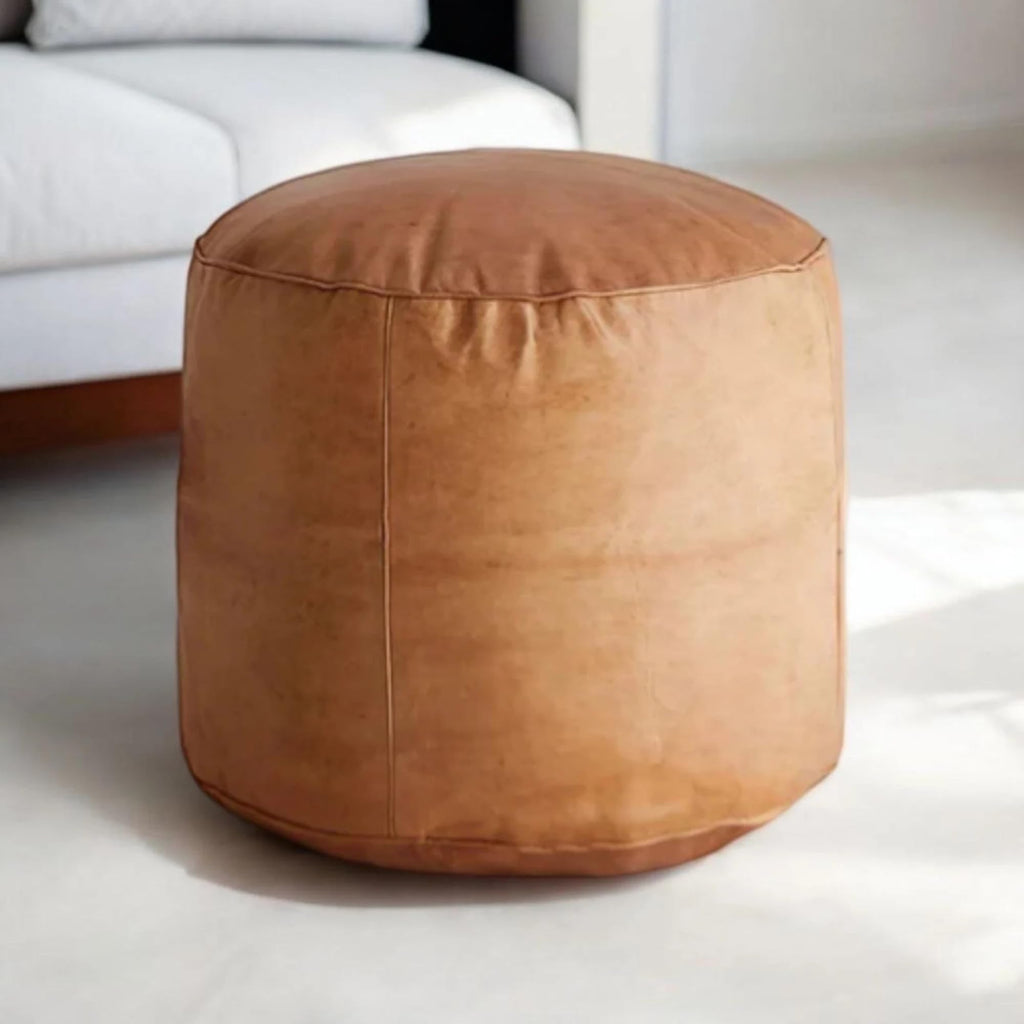 Handmade Moroccan Round Leather Pouf – Delivered Unstuffed – Ottoman, Footstool, Footrest, Hassock, Floor Cushion – Versatile Artisan Accent (Tan, 12"×12"×12" in)