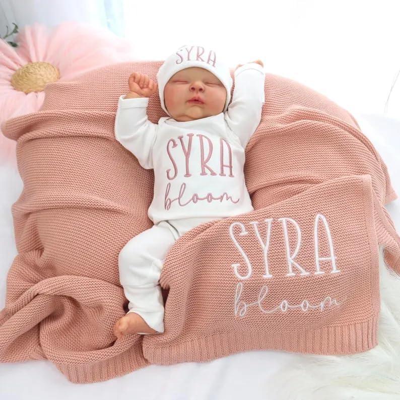 Custom Embroidered Baby Name Romper Set with Blanket,Personalized Newborn Outfit Set with Matching Onesie and Hat,Newborn Gift - Handmade Lifestyle Shop