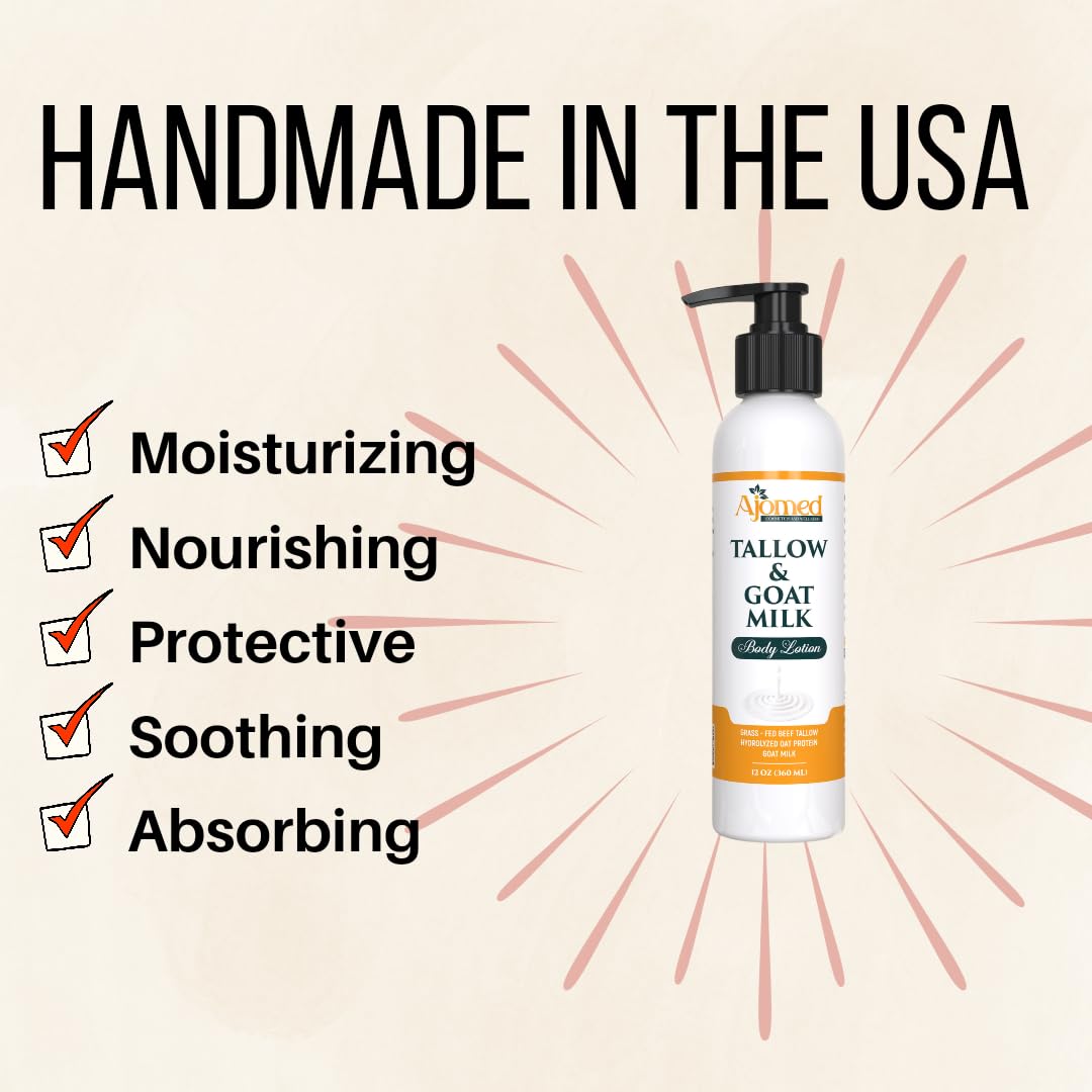 Tallow & Goat Milk Body Lotion for Sensitive Skin, Organic moisturizing Lotion - Soothes Dry skin, Goat Milk face and body Moisturizer - Handmade Tallow for skin cream (8 OZ, Oatmeal & Honey)
