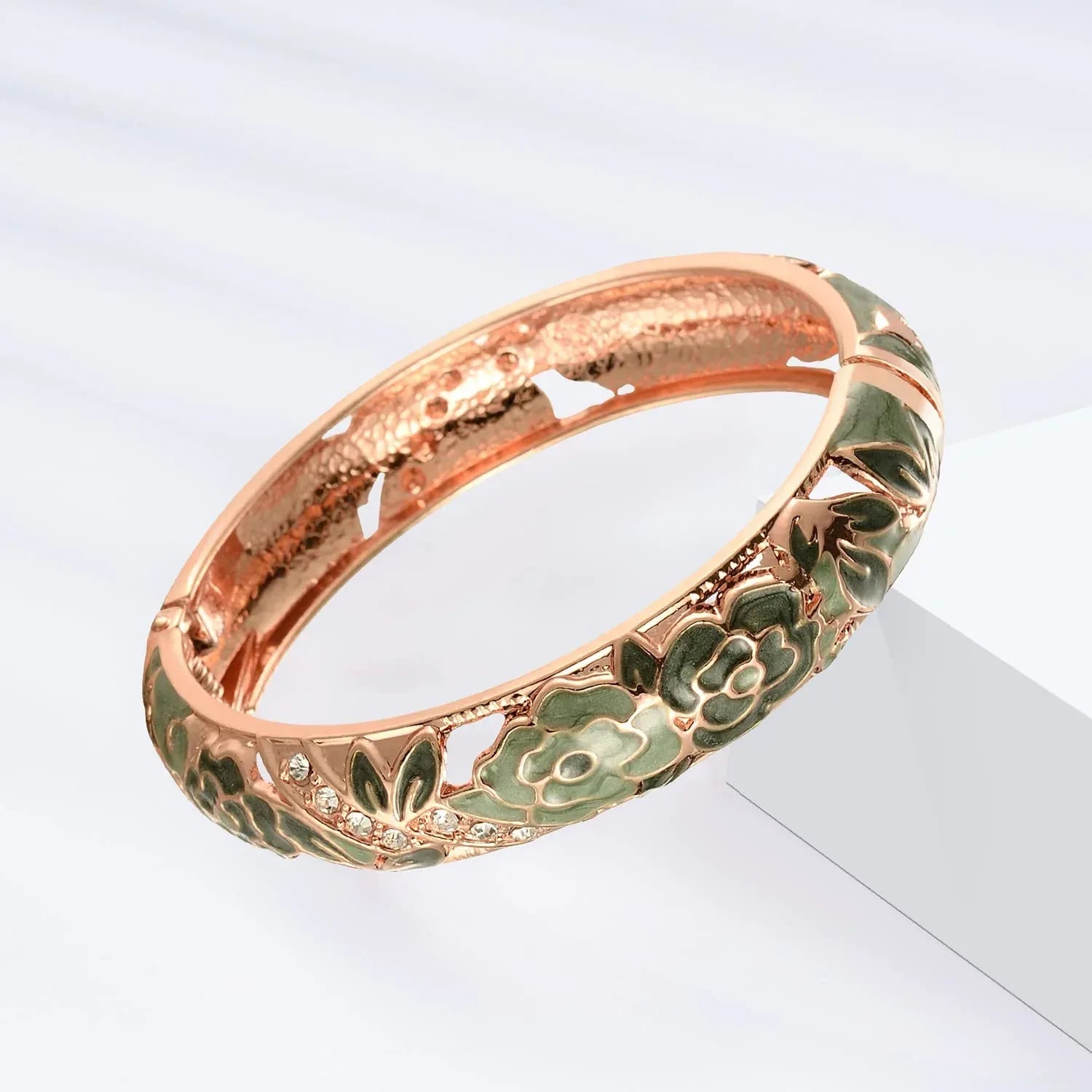 UJOY Vintage Jewelry Cloisonne Handcrafted Enameled Gorgeous Rhinestone Rose Hinged Cuff Bracelet Bangles Gifts 88A10 - Handmade Lifestyle Shop