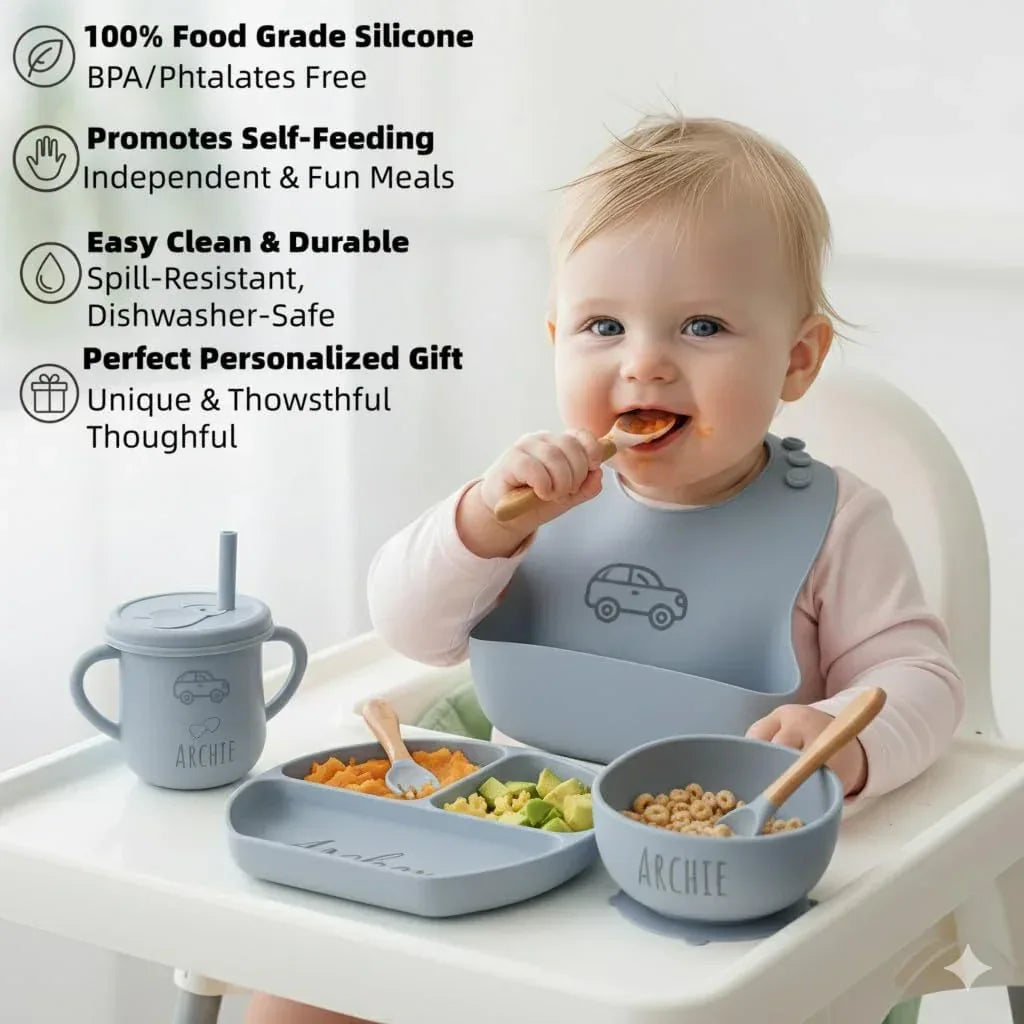 Personalized Name Food Grade 6pcs Baby Feeding Set with Spoon, Fork,Silicone Suction Bowls,Cup,Plate,and bib BPA Free - First Stage Self Feed (Color Muted Deep Pink Y19) - Handmade Lifestyle Shop