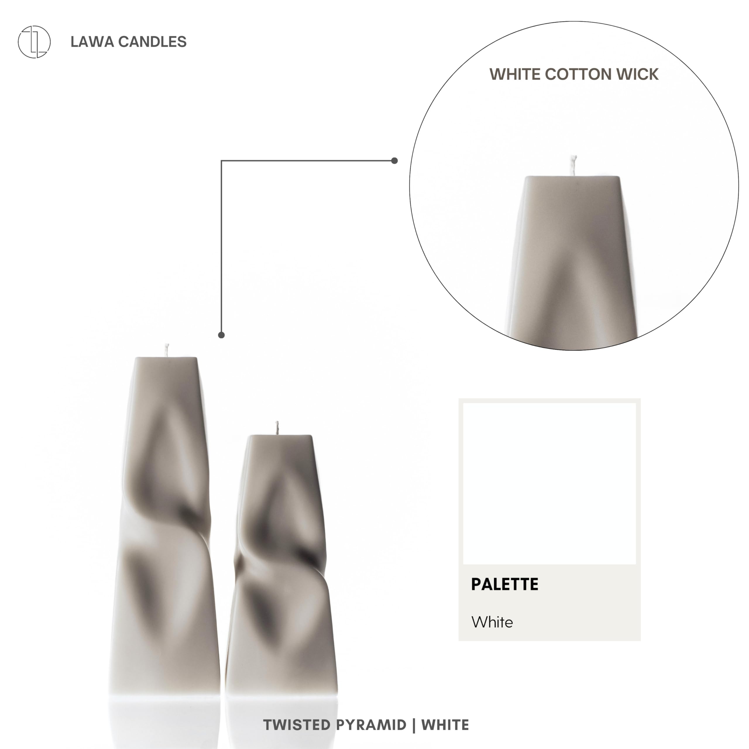 LAWA Twisted Pyramid Candle - Beautiful Handmade Pillar Soy Wax Elegant Aesthetic Candle Housewarming Gift Home Room Shelf Decor Idea (Set of 2) (White)