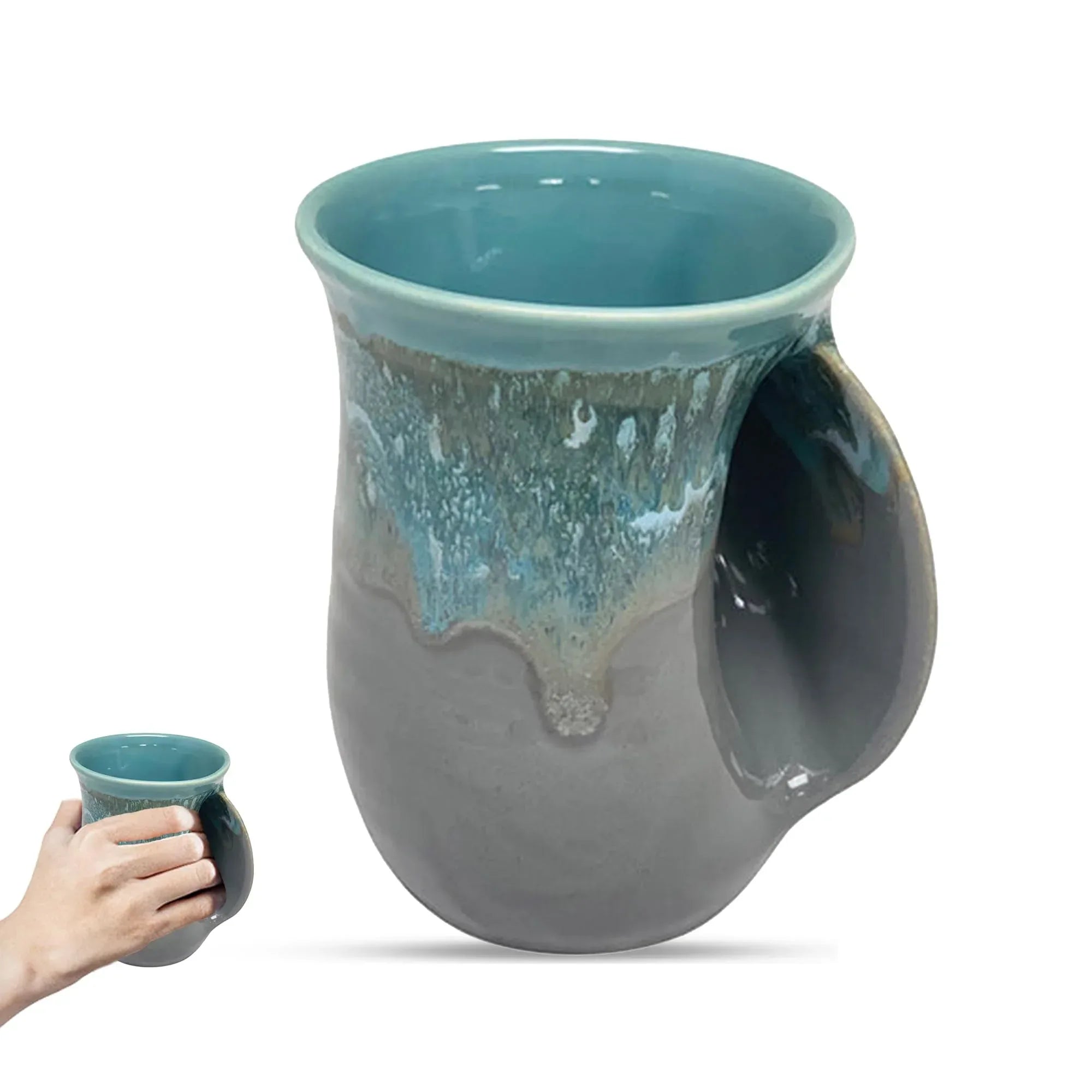 Clay in Motion Hand Warmer Coffee Mug – Handmade Coffee Mug With Comfortable Handle Contoured Pocket Hand Warming Ceramic Coffee Mug – Proudly Made in USA – Right Handed – 14 Oz - Island Oasis - Handmade Lifestyle Shop