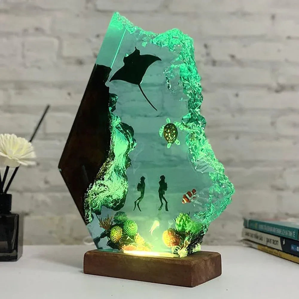 Handmade 3D Ocean Resin Lamp - USB Powered Resin Ocean Night Light with Wooden Base, Variable Lights, Scuba Diver Gifts, Diving Enthusiast Collectibles, Unique Birthday Holiday Gifts for Men & Women - Handmade Lifestyle Shop