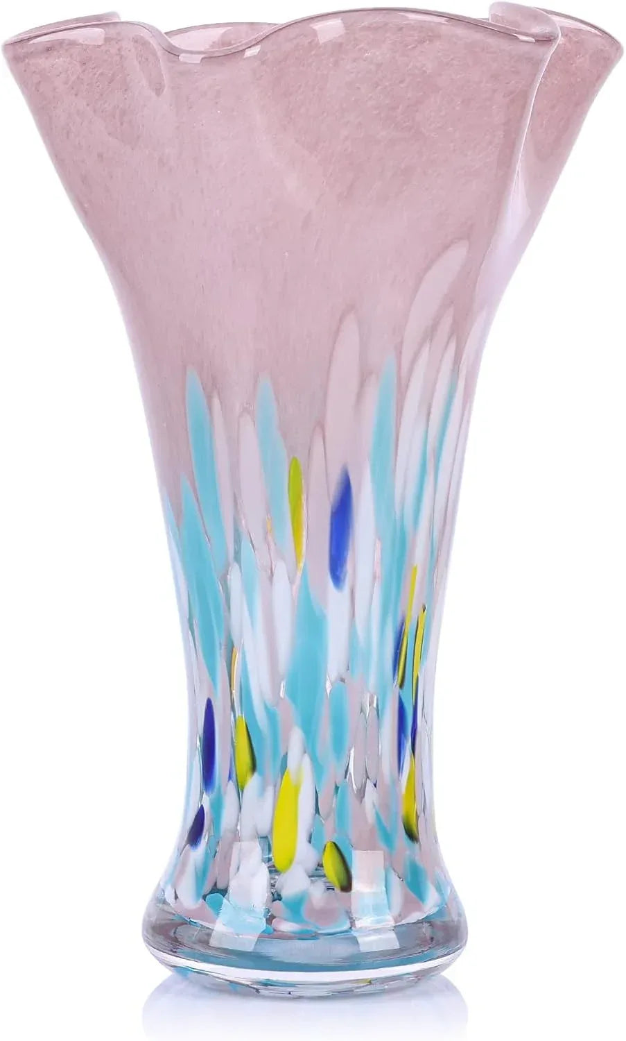 9.0" H Teal Glass Vases for Flowers, Unique Hand Blown Glass Vase Green Home Decor, Wide Mouth Colorful Flower Vase Centerpieces, for Living Room Table Bookshelf, Bathroom Office Shelf Decorative - Handmade Lifestyle Shop