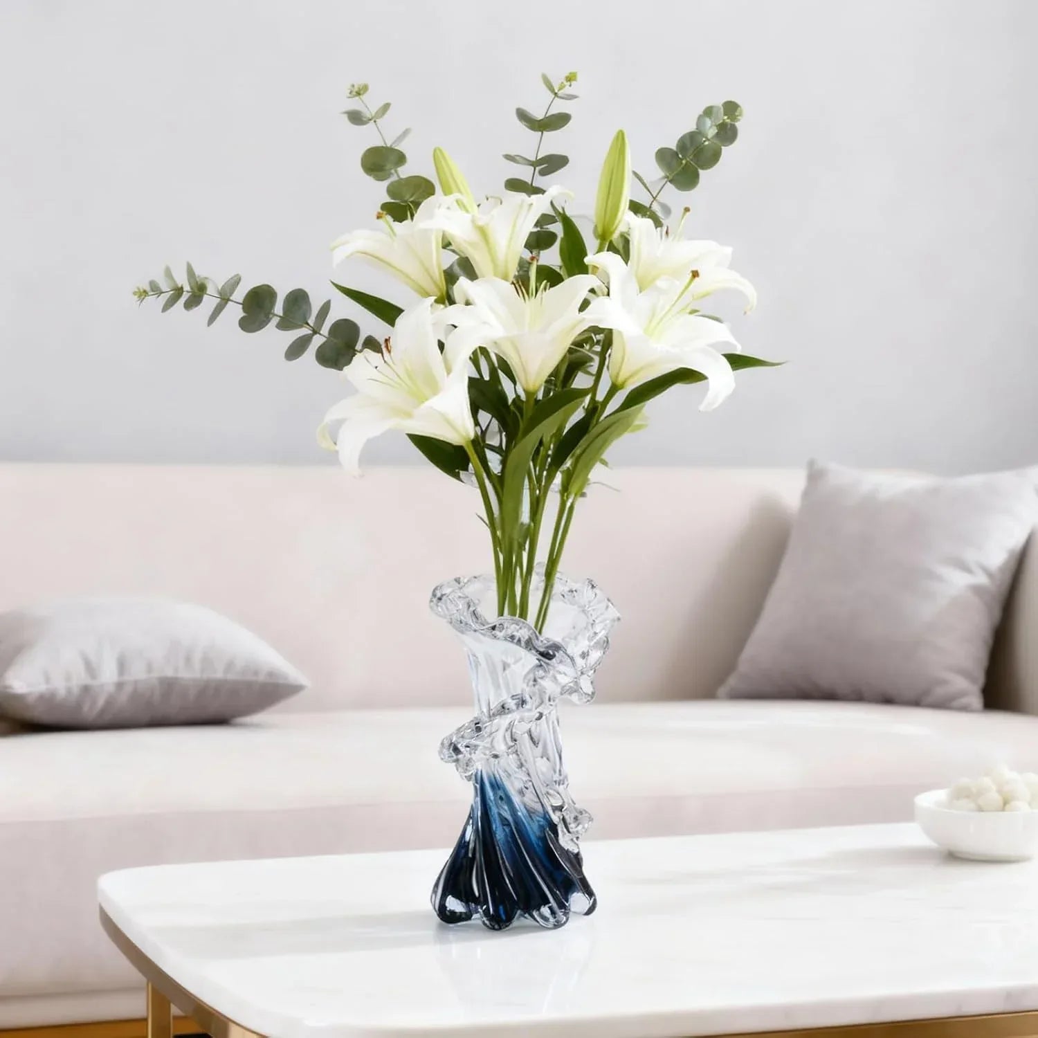 Hand Blown Blue Glass Vase, Unique Art Beautiful Ocean Glass Vase for Home Centerpiece, Coffee Table, Living Room, Office Decor - 8" H - Handmade Lifestyle Shop