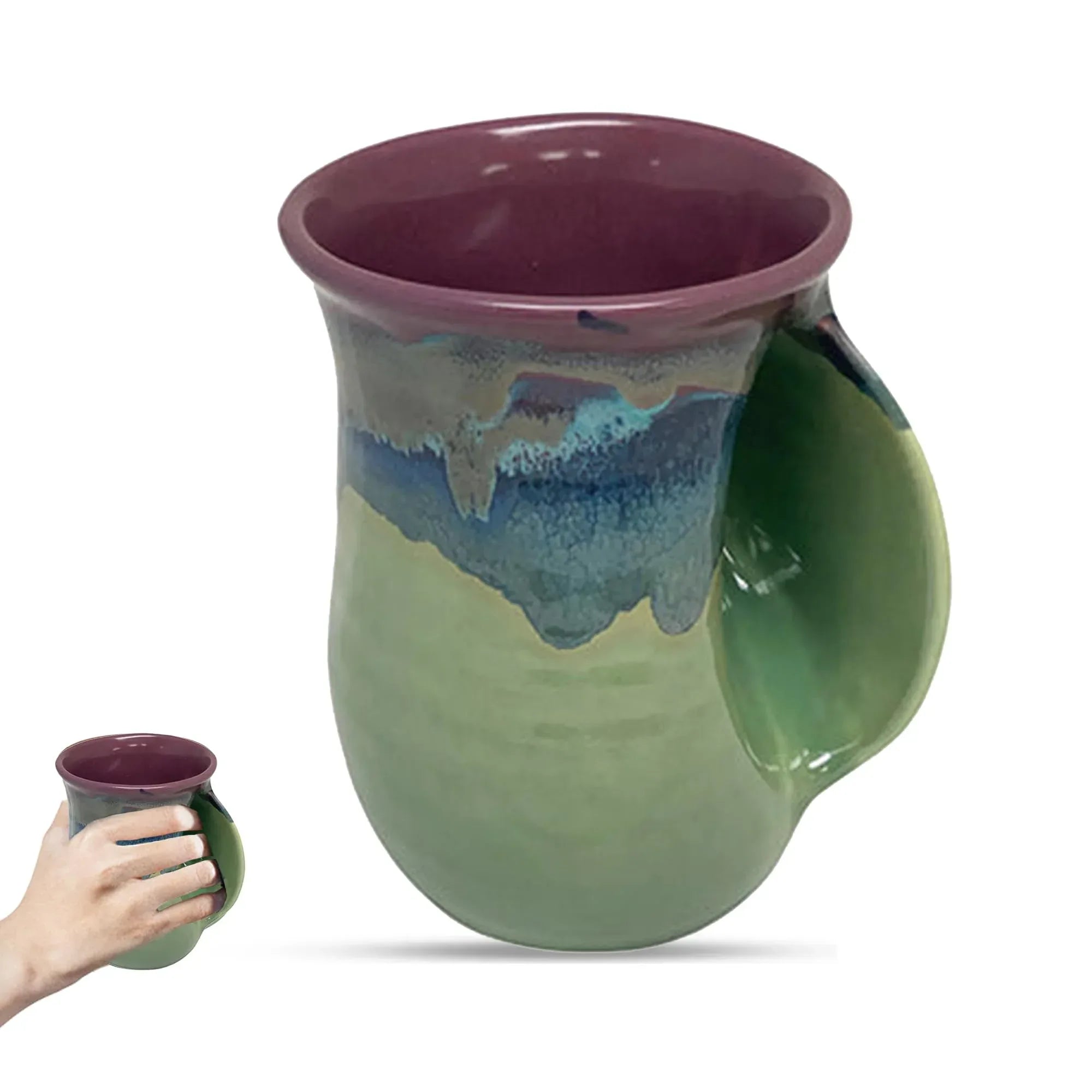 Clay in Motion Hand Warmer Coffee Mug – Handmade Coffee Mug With Comfortable Handle Contoured Pocket Hand Warming Ceramic Coffee Mug – Proudly Made in USA – Right Handed – 14 Oz - Island Oasis - Handmade Lifestyle Shop