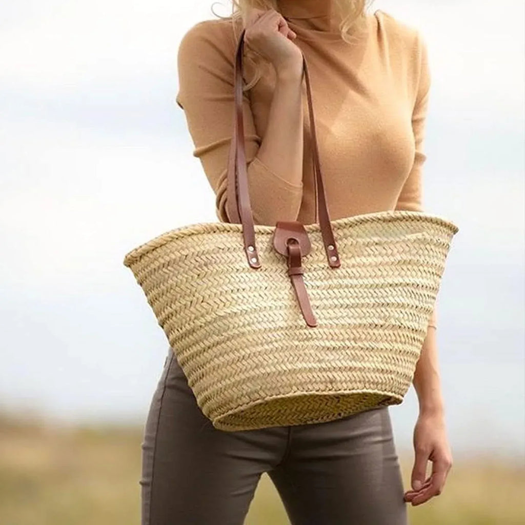 FRENCH BASKET Straw Beach Tote Bag with Leather Handles, Canvas Pouch & Zip Closure, Moroccan Market Basket for Summer - Handmade Lifestyle Shop