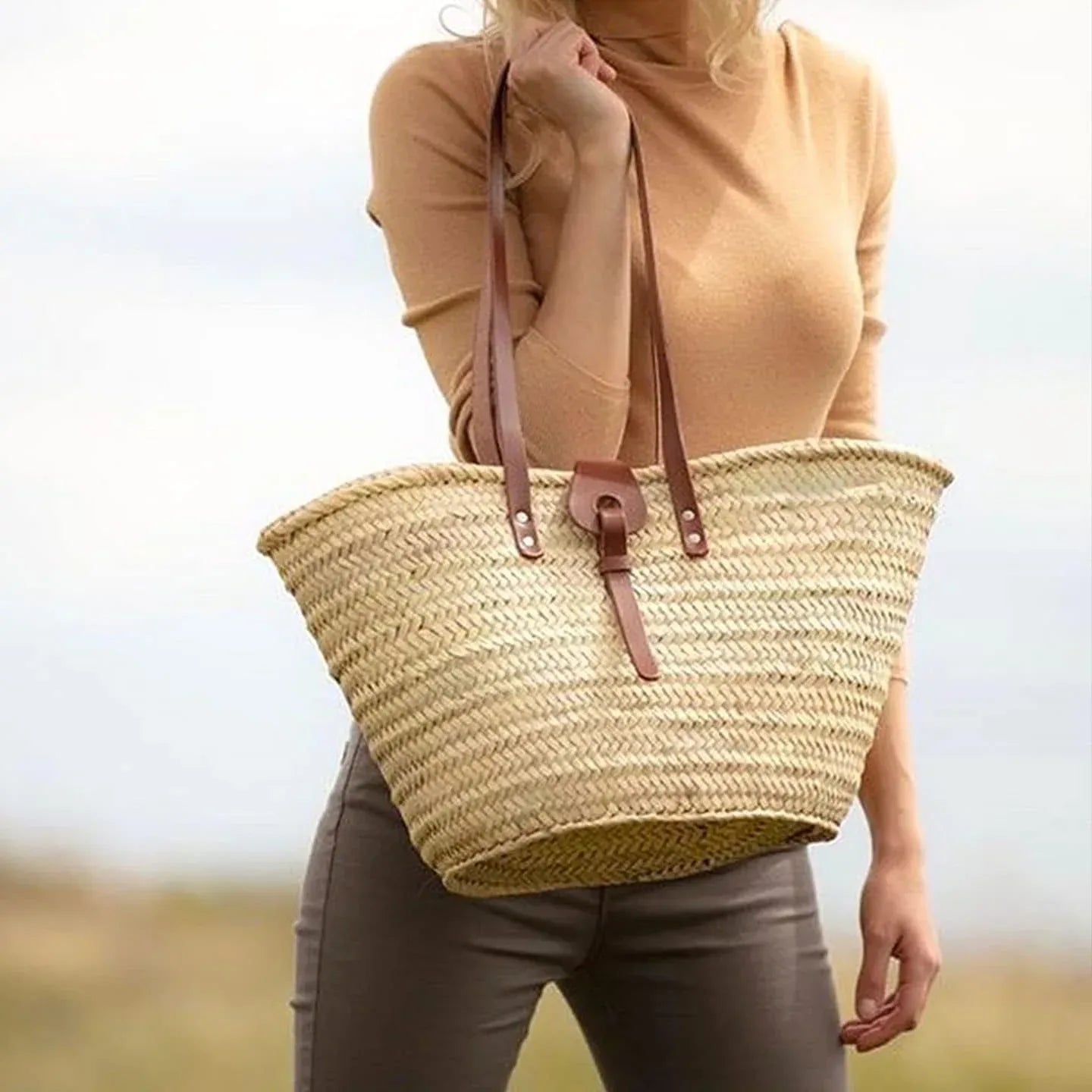 FRENCH BASKET Straw Beach Tote Bag with Leather Handles, Canvas Pouch & Zip Closure, Moroccan Market Basket for Summer - Handmade Lifestyle Shop
