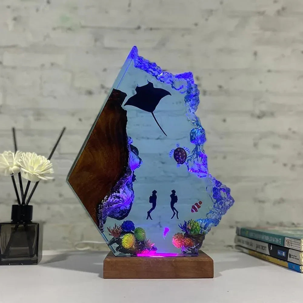 Handmade 3D Ocean Resin Lamp - USB Powered Resin Ocean Night Light with Wooden Base, Variable Lights, Scuba Diver Gifts, Diving Enthusiast Collectibles, Unique Birthday Holiday Gifts for Men & Women - Handmade Lifestyle Shop