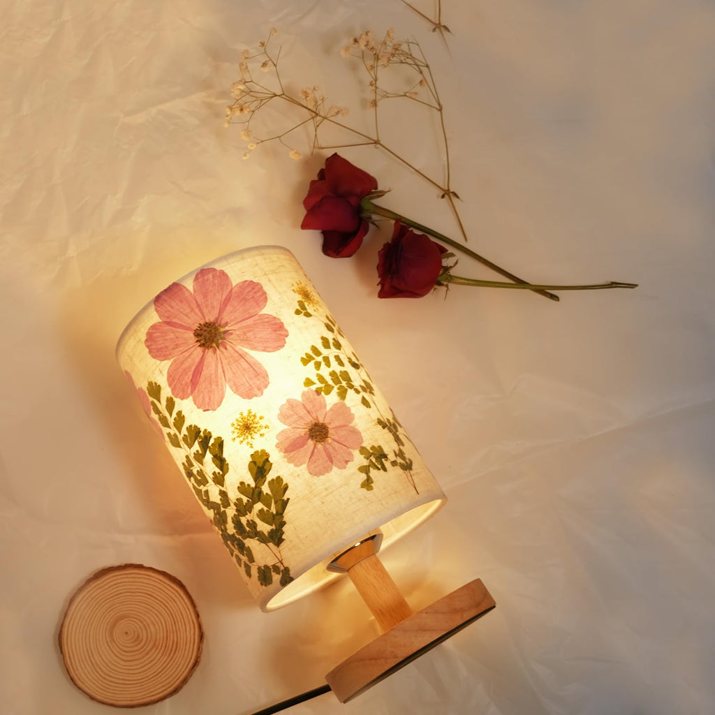 Dried Flowers Small Table Lamp 5W LED 3-Color Bedside Lamp Pressed Flowers Lampshade with Wood Base for Bedroom Living Room Desk Nursery