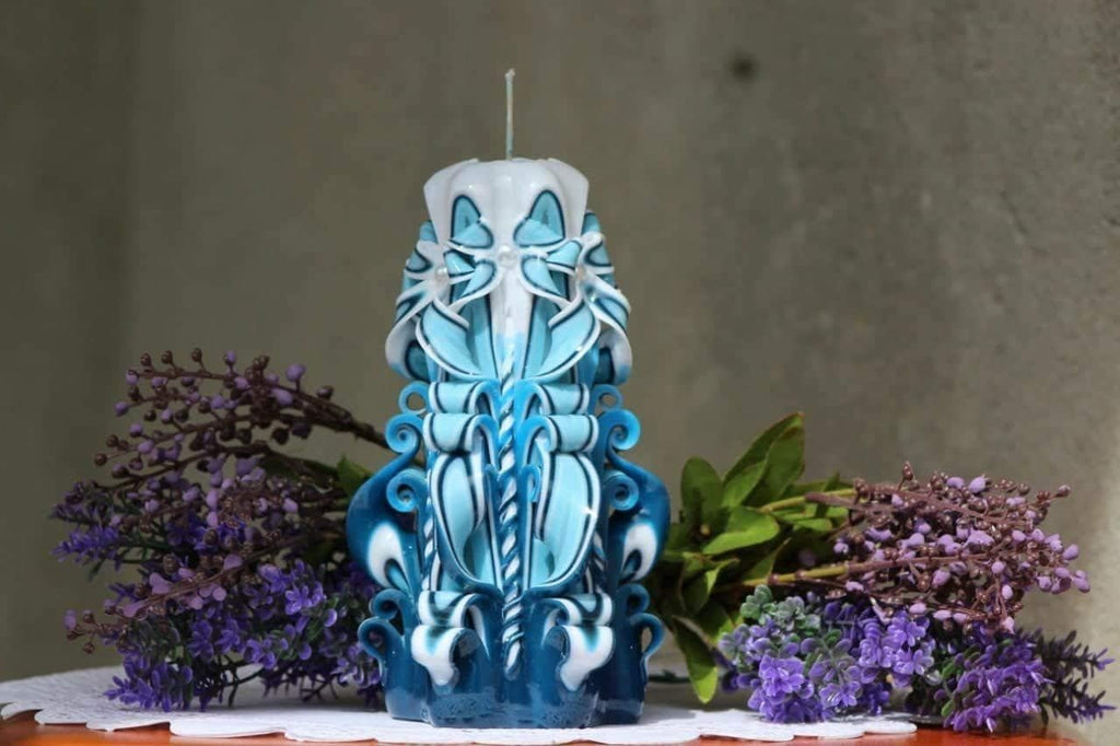 Handmade Carved Candle - Surprise Gift For Her - Decor Birthday Halloween Thanksgiving Christmas - Spiritual Living Room Home Decor Candles - Unique Engagement Wedding Idea - White Blue - Ordagio