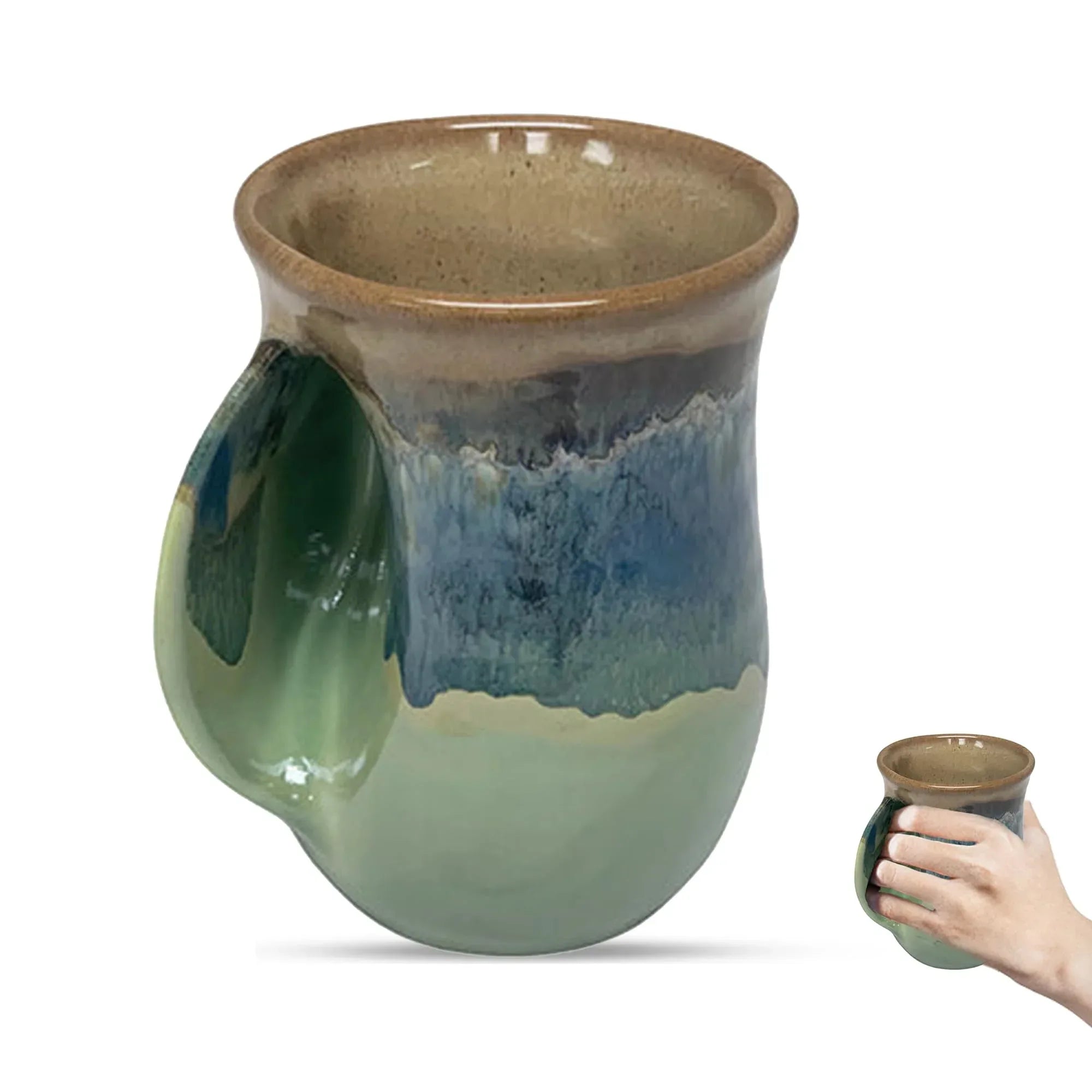 Clay in Motion Hand Warmer Coffee Mug – Handmade Coffee Mug With Comfortable Handle Contoured Pocket Hand Warming Ceramic Coffee Mug – Proudly Made in USA – Right Handed – 14 Oz - Island Oasis - Handmade Lifestyle Shop