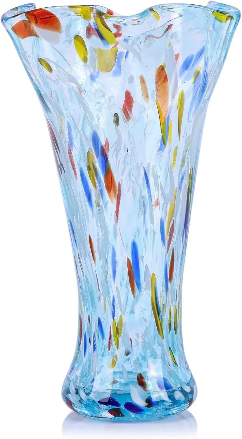 9.0" H Teal Glass Vases for Flowers, Unique Hand Blown Glass Vase Green Home Decor, Wide Mouth Colorful Flower Vase Centerpieces, for Living Room Table Bookshelf, Bathroom Office Shelf Decorative - Handmade Lifestyle Shop