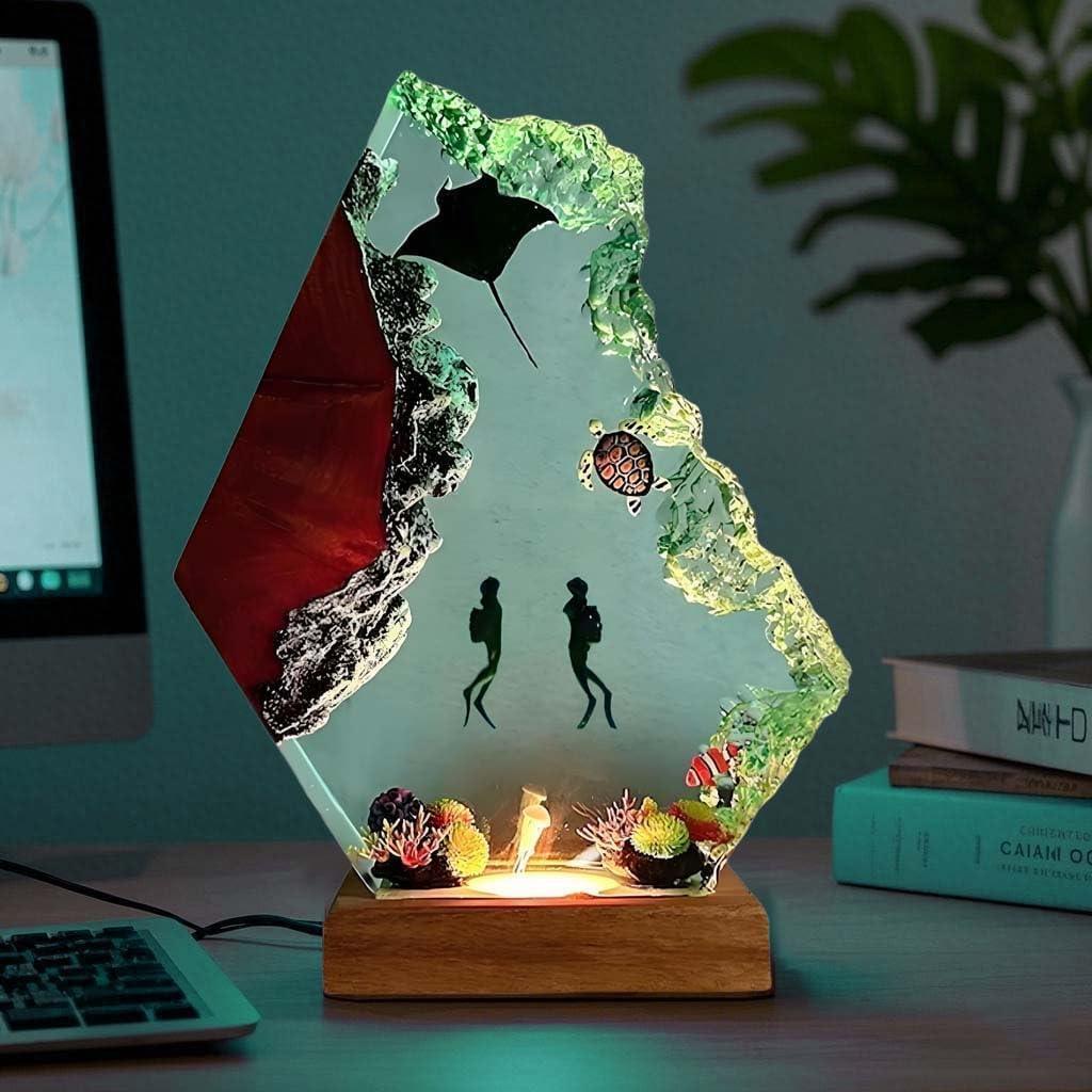 Handmade 3D Ocean Resin Lamp - USB Powered Resin Ocean Night Light with Wooden Base, Variable Lights, Scuba Diver Gifts, Diving Enthusiast Collectibles, Unique Birthday Holiday Gifts for Men & Women - Handmade Lifestyle Shop