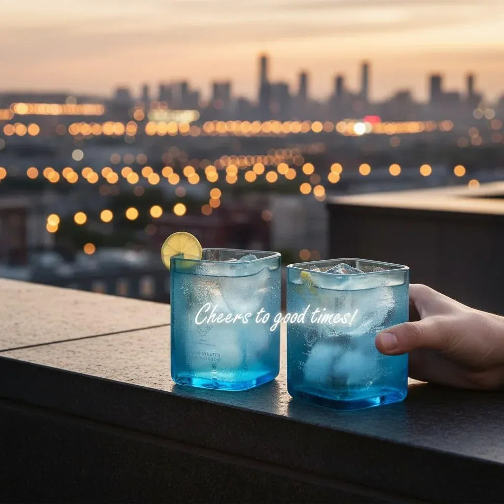 Upcycled Bombay Sapphire Gin Glasses for Drinks - Set of 2 with Velvet Gift Box | Eco-friendly Glassware handcrafted from Gin bottles | Ideal for Gin, Whiskey, Juices, Smoothies, Cocktails - Handmade Lifestyle Shop