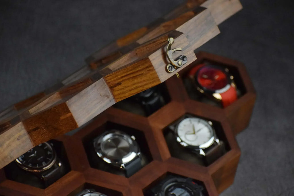 Premium 7-Slot Wooden Timepiece Display Case – Handcrafted Honeycomb Watch Box for Men in Superior Indian Rosewood | Hinged Glass Cover – Father’s Day Gift – Luxury Built to Last - Handmade Lifestyle Shop