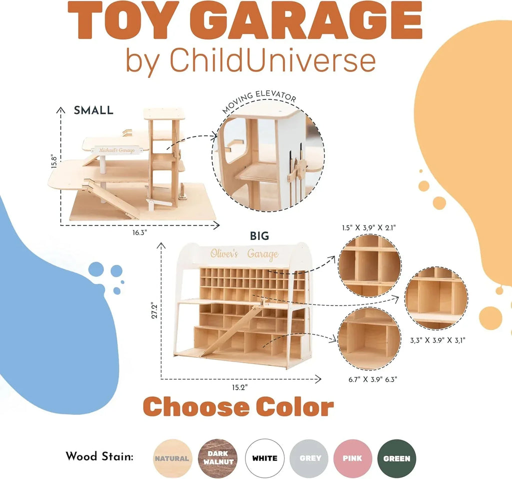 Toy Parking Garage with Elevator Wooden Toy Car Storage Small Car Compatible Gift for Toddlers 1-4 Years Old Organizer Case Shelf for Mini Toy Cars (Big, Natural) - Handmade Lifestyle Shop