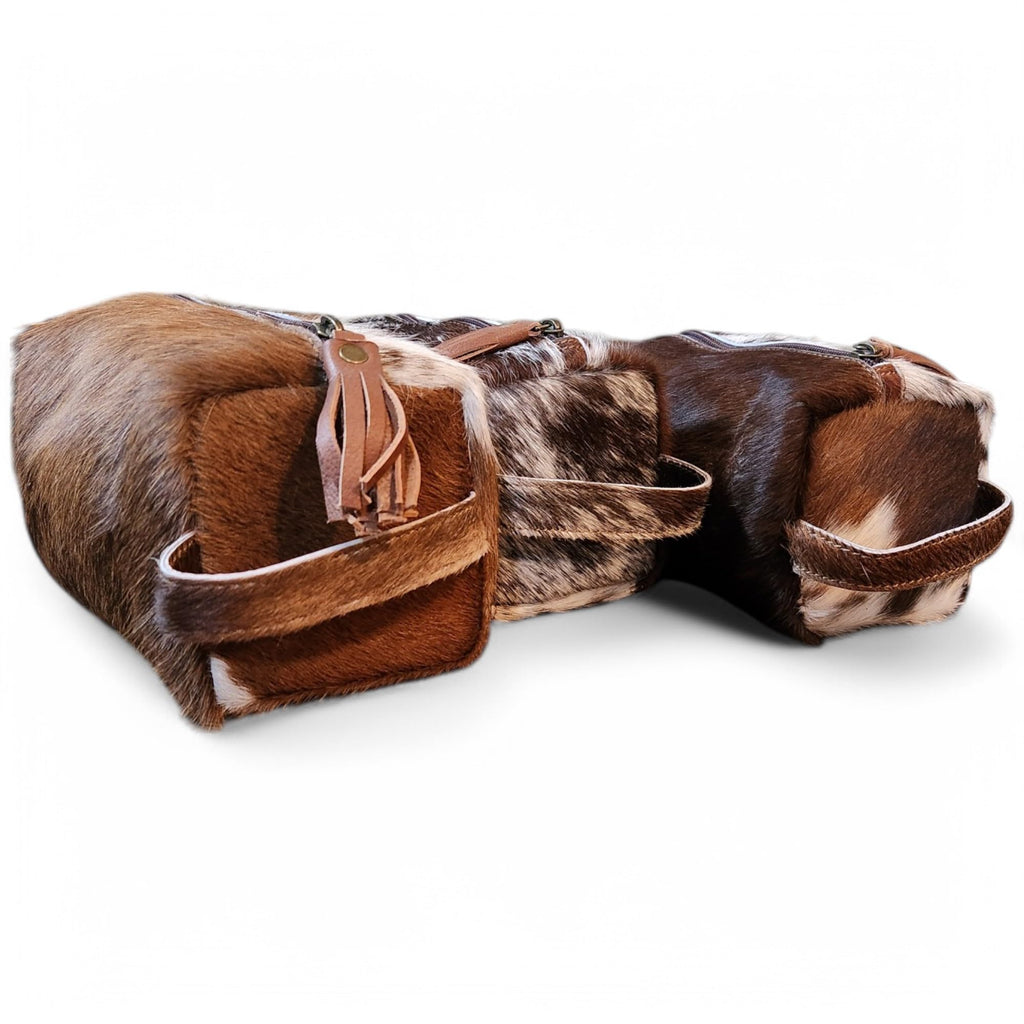 Ranch Junkie Mercantile Genuine Cowhide Handcrafted Cosmetic Pouch Highlands Cowhide Makeup Bag (Caramel Cowhide Mix)
