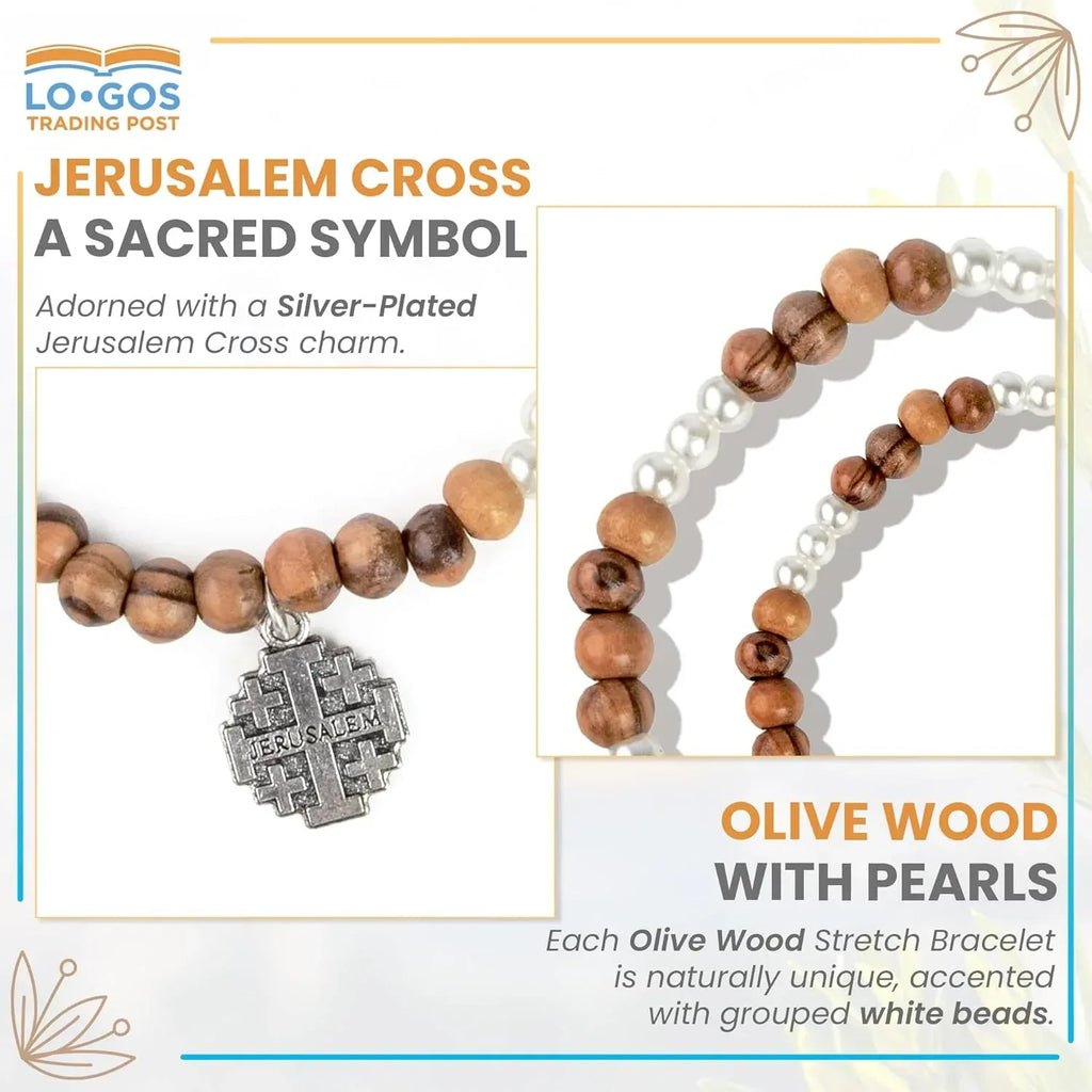 Handcrafted Olive Wood & White Bead Bracelet With Cross – Silver-Plated Jerusalem Cross Dangle – The Holy Land of Bethlehem Gifts – Unique Catholic Jewelry for Men and Women - Handmade Lifestyle Shop