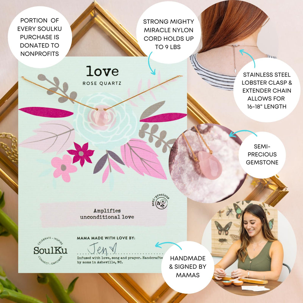 SoulKu Handcrafted Necklace, Empowerment Jewelry With Healing Crystal, Inspirational Jewelry For Women, Mom & Sister Gifts, 2" Extender With Lobster Clasp, 16" Nylon Cord