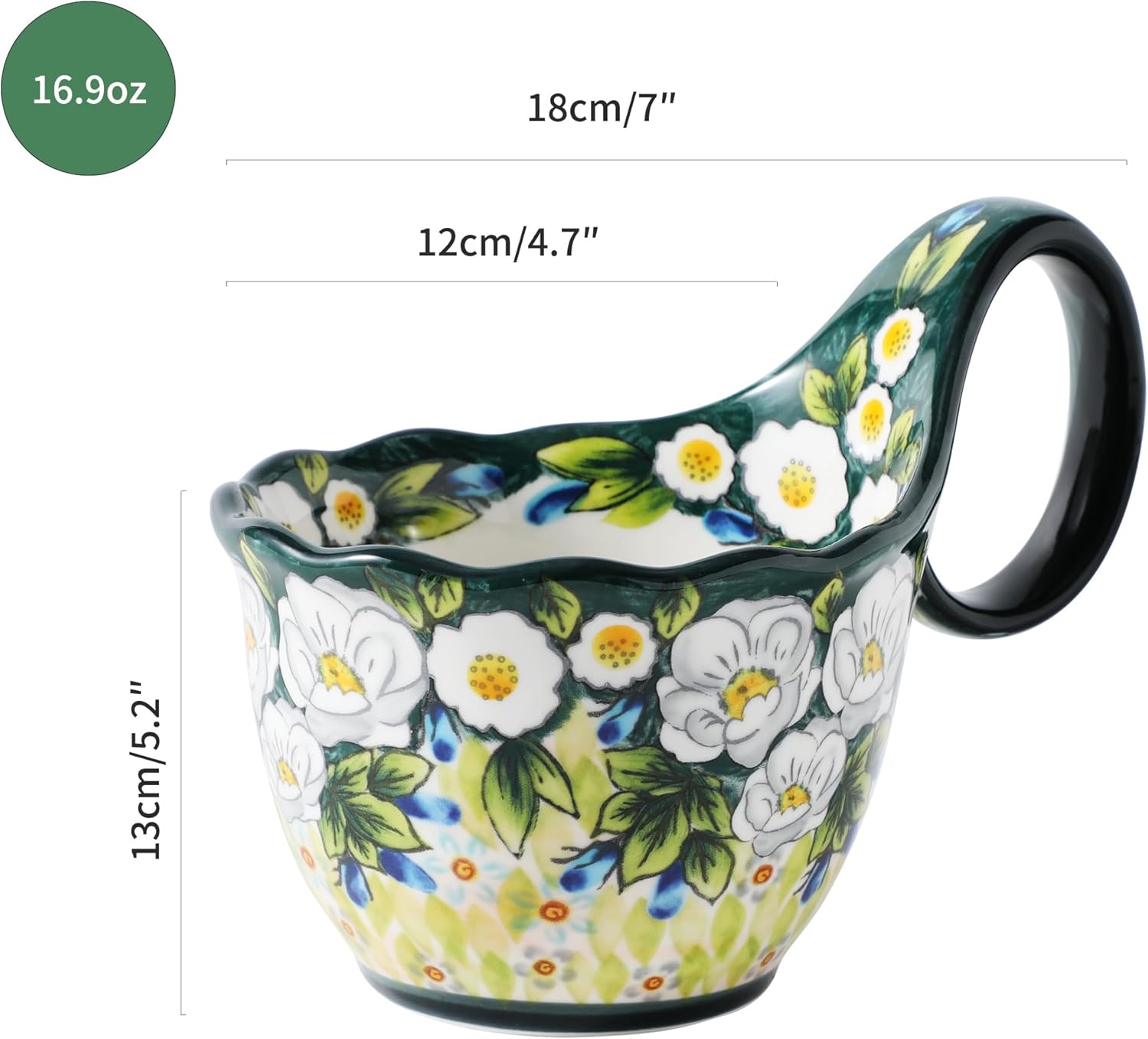 ALMA Handpainted Soup Bowl with Handle, 18.6oz Ceramic Cereal Bowl, Microwave &Dishwasher Safe,Loop Handle Bowl Great for Soup, Chili, Stew, Ice cream