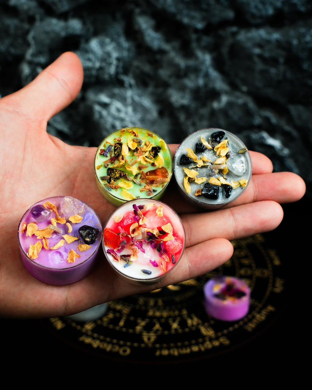 Tealight Soy Candles with Crystals and Herbs, Handmade Energy Candles, Aromatherapy Candles. (Mixed)