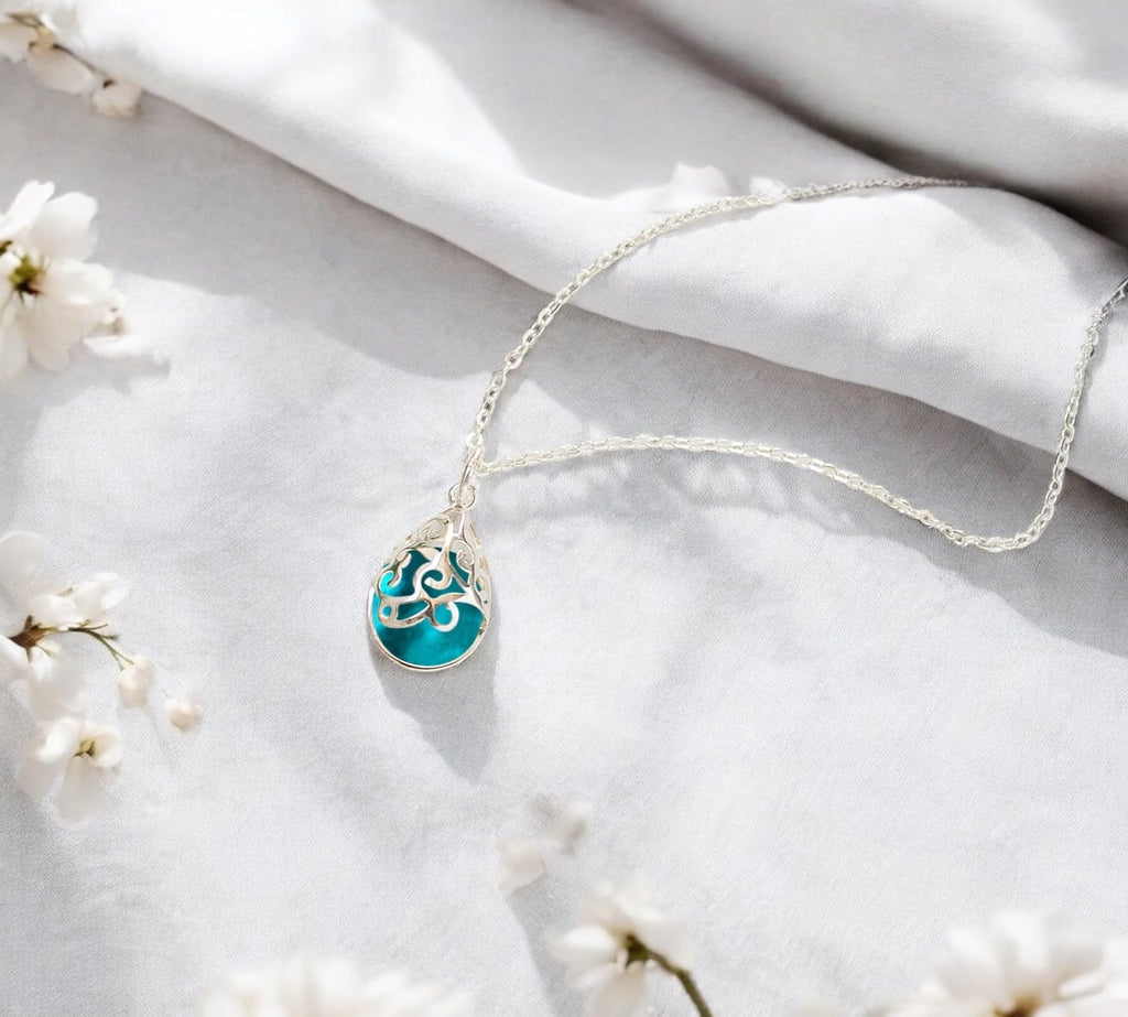 Bottled Up Designs Handmade Filigree Teardrop Necklace, Recycled Antique Glass, Sterling Silver, Eco Friendly, Made in USA, Birthday Gifts, Mothers Day, Women, Anniversary