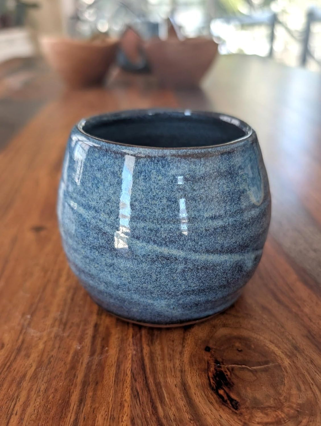 Hand Thrown Pottery Stemless Wine Glass in Slate Blue Handmade in North Carolina