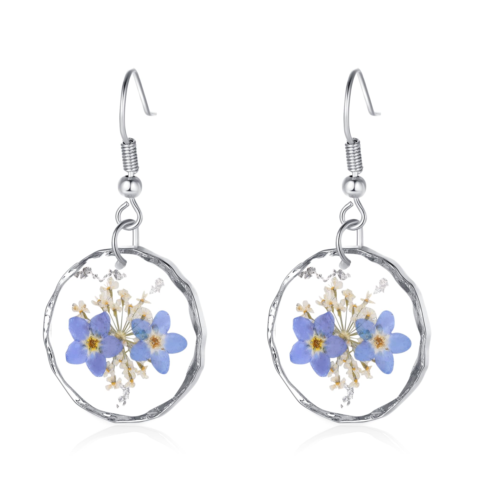 Forget-Me-Not and Queen Anne's Lace Pressed Wildflower Earrings | Pressed Flower Earrings | Handmade Drop and Dangle Earrings | Gift for Woman