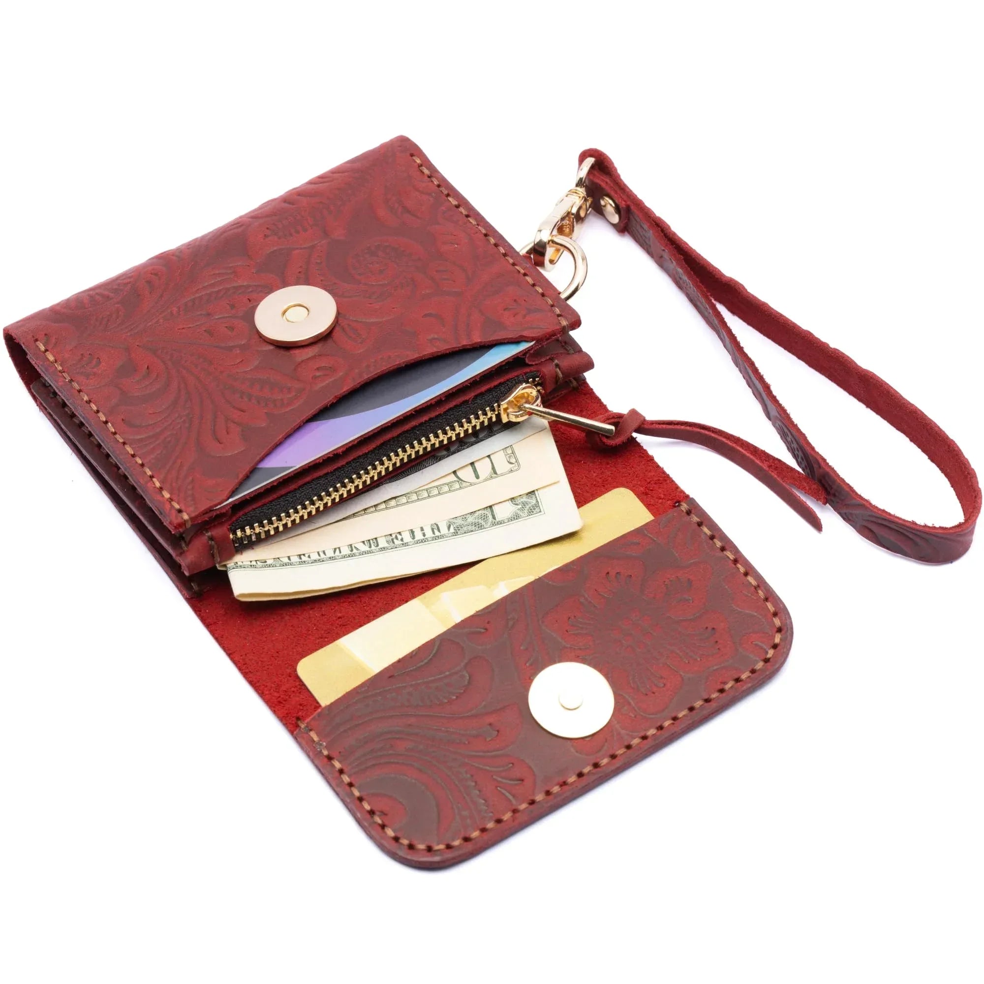 Toros Craft Handmade Wristlet Wallets for Women, Western Floral Leather Small Credit Card Holder with Zipper, Minimalist & Cute Coin Pouch, Genuine Leather, Dark Brown - Handmade Lifestyle Shop