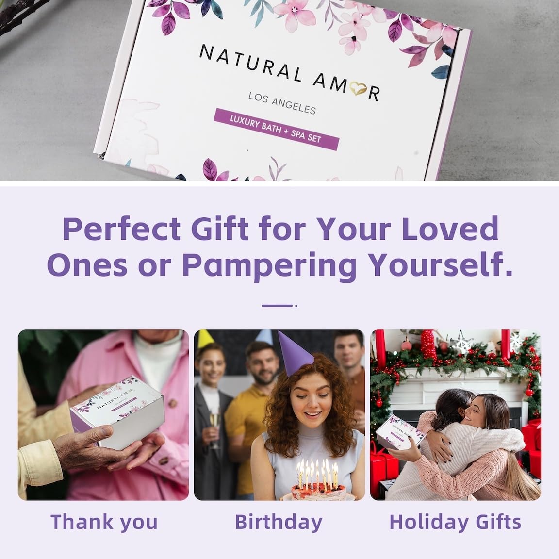 Natural Amor Handmade Spa Gift Set 6 pcs– Includes Citrus Bath Bomb, Lavender Hand Cream, Soap, Bath Salt, Candle – Relaxing Self-Care Kit for Women