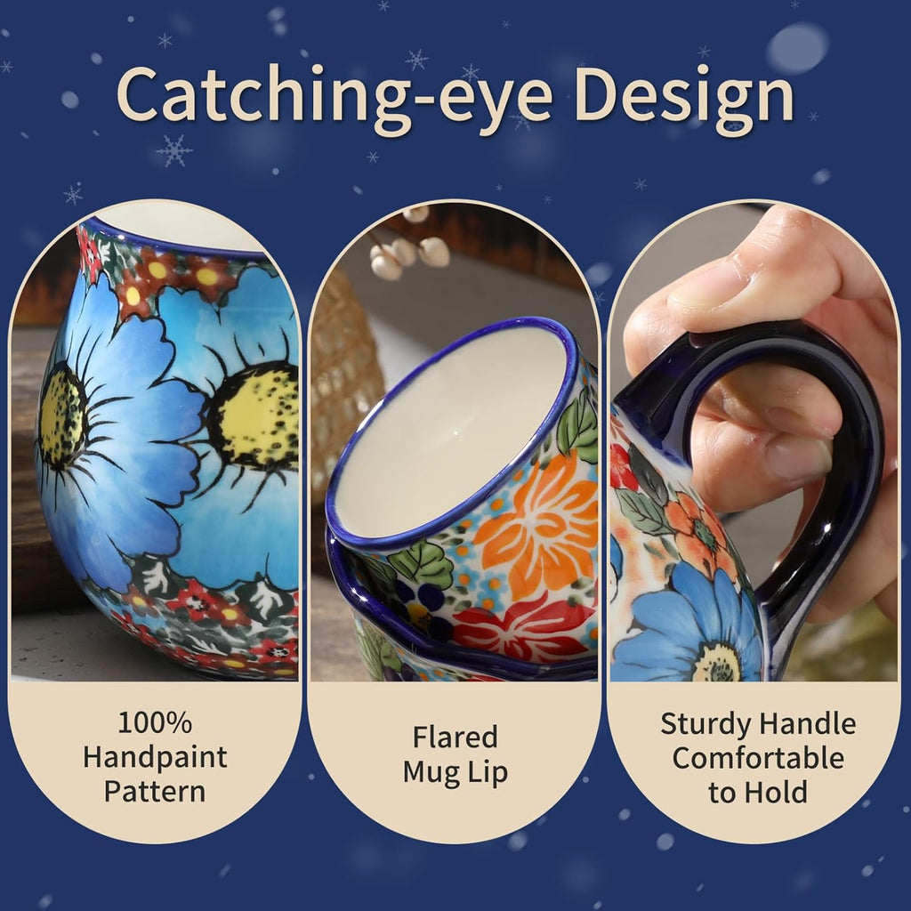 ALMA 12oz Handpainted Microwave Safe Coffee Mug, Unique Ceramic Tea Mug For Girl Friend,Mother, Woman(Assorted Flowers,Medium)