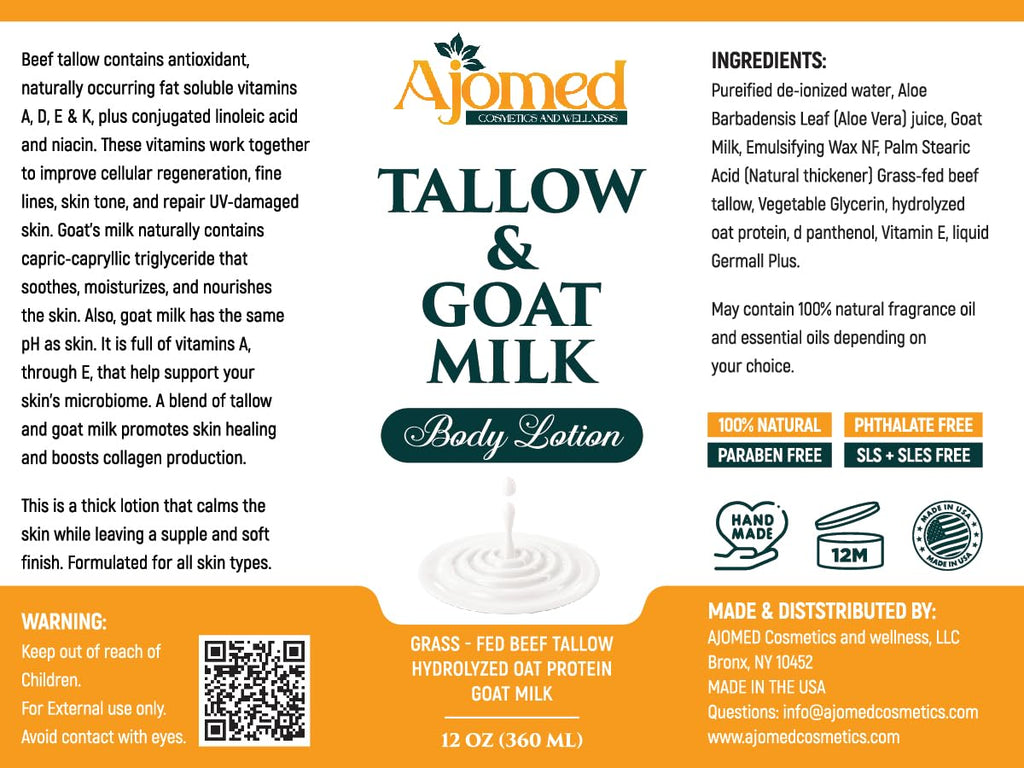 Tallow & Goat Milk Body Lotion for Sensitive Skin, Organic moisturizing Lotion - Soothes Dry skin, Goat Milk face and body Moisturizer - Handmade Tallow for skin cream (8 OZ, Oatmeal & Honey)