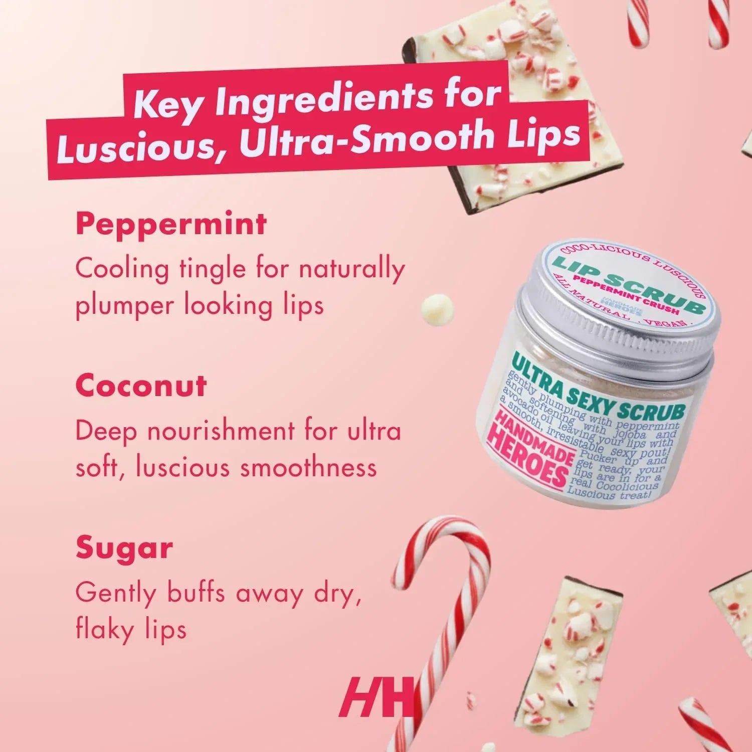 Handmade Heroes Peppermint Lip Scrub - 100% Natural Vegan Conditioning Lip Exfoliator & Sugar Polish for Dry Chapped Lips - Lip Plumper & Hydrating Lip Therapy for Smooth Supple Lips 1 oz - Handmade Lifestyle Shop