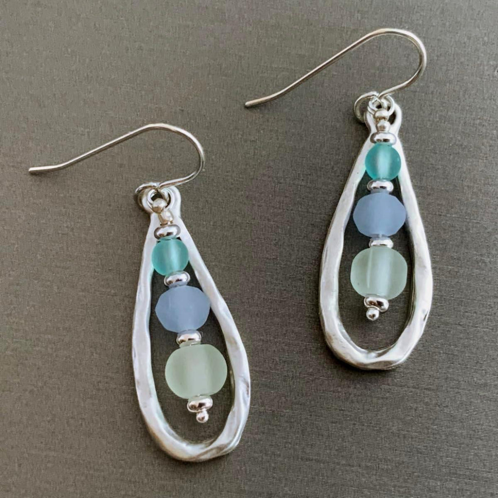 Ocean Breeze Antique Open Teardrop Dangle Earrings Sterling Silver Earwires Cultured Sea Glass Beads Frosted Soft Pastel Colors Blue Green Aqua Graduated Beading Boho Beach Jewelry for Women - Handmade Lifestyle Shop