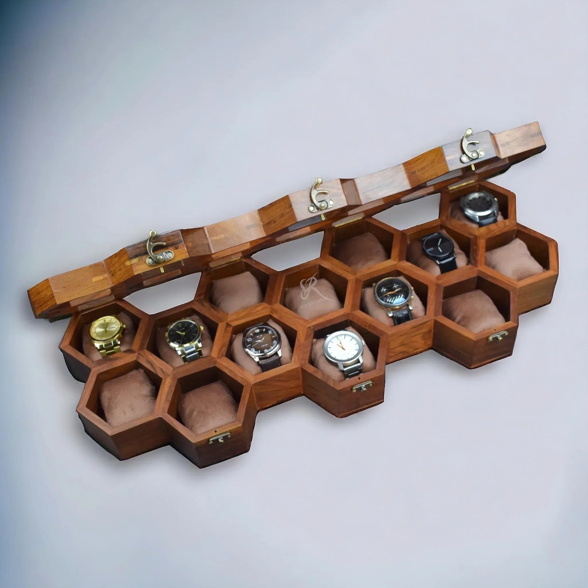 Premium 7-Slot Wooden Timepiece Display Case – Handcrafted Honeycomb Watch Box for Men in Superior Indian Rosewood | Hinged Glass Cover – Father’s Day Gift – Luxury Built to Last - Handmade Lifestyle Shop