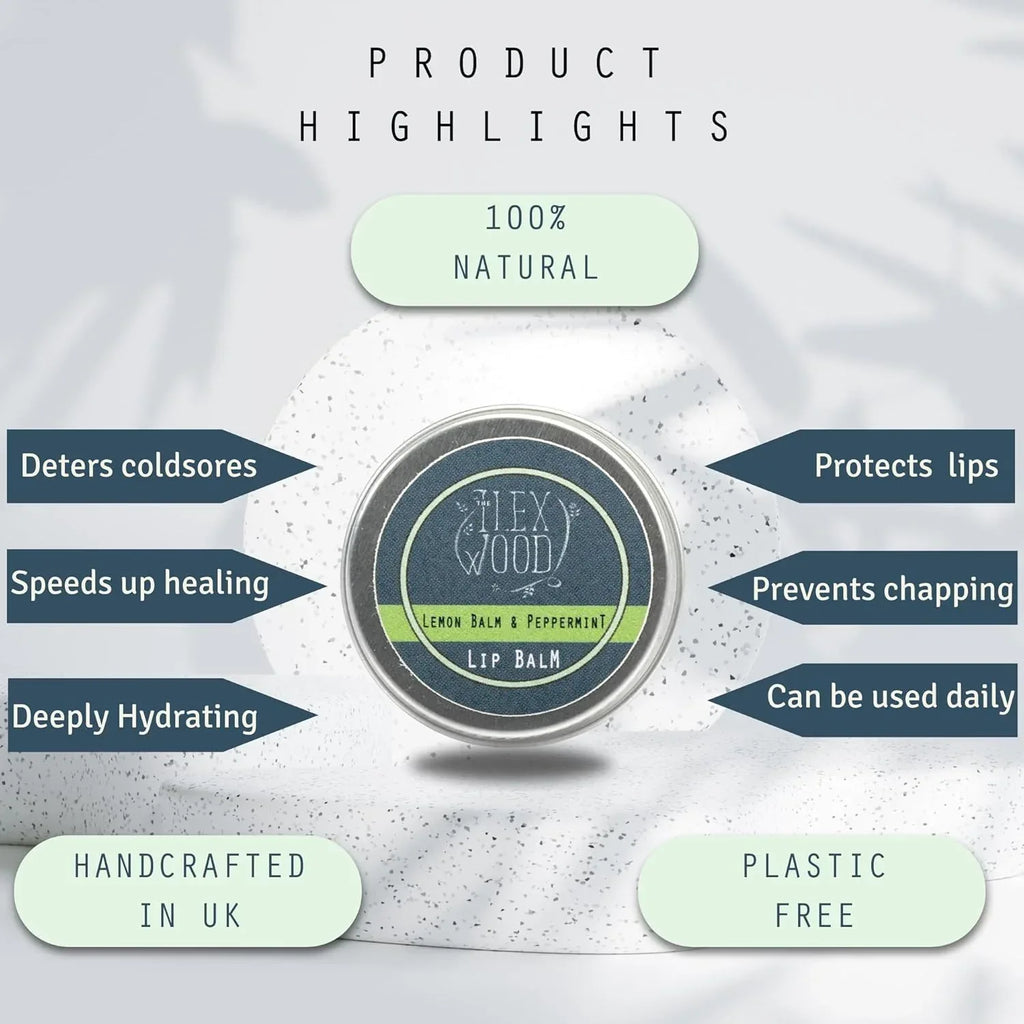 The Ilex Wood - All Natural Lip Balm - Lemon Balm and Peppermint - Cold Sore Treatment for Lips, Palm Oil Free, Cruelty Free, Plastic Free, Moisturising Lip Balm, Handcrafted - 10ml (0.34 fl oz) - Handmade Lifestyle Shop