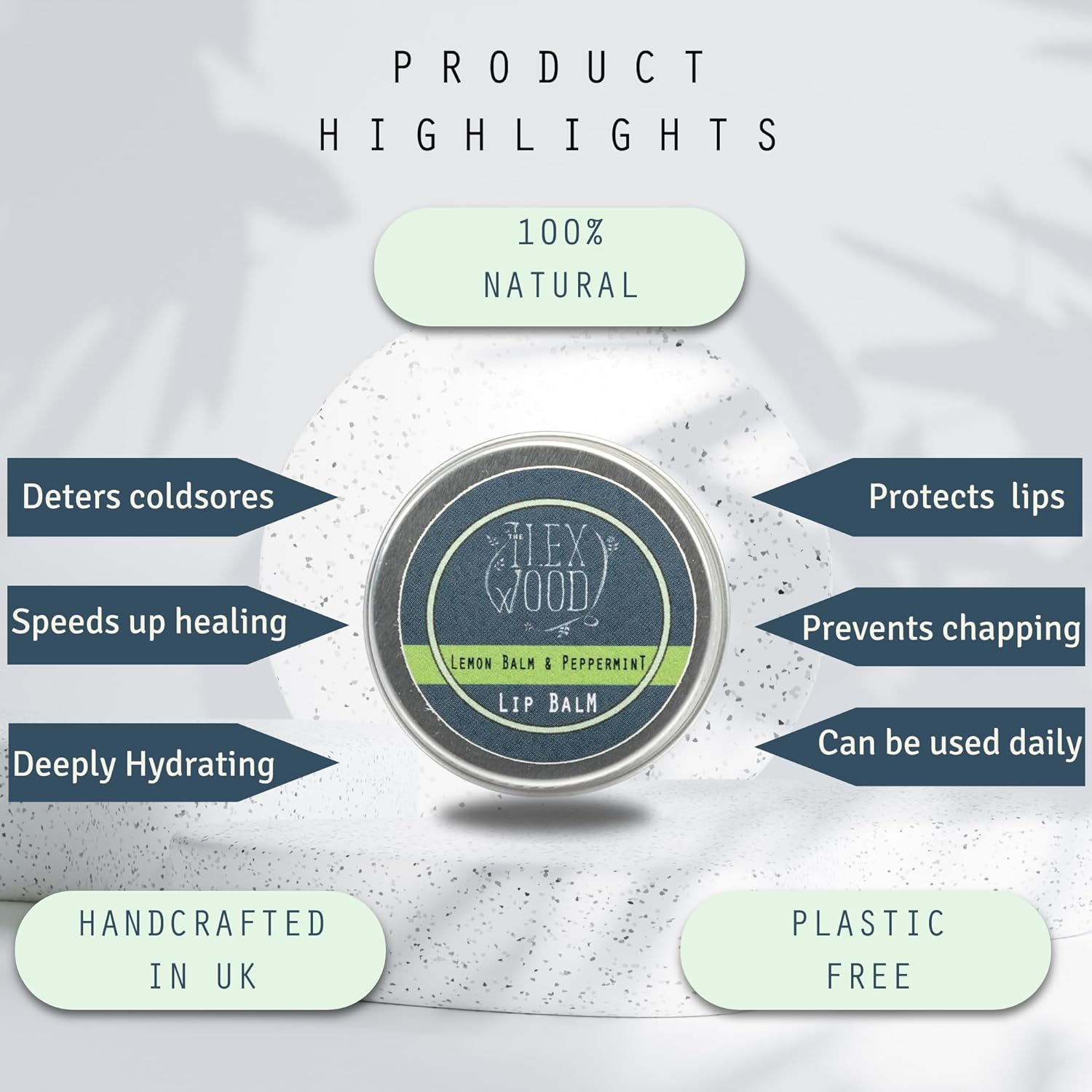 The Ilex Wood - All Natural Lip Balm - Lemon Balm and Peppermint - Cold Sore Treatment for Lips, Palm Oil Free, Cruelty Free, Plastic Free, Moisturising Lip Balm, Handcrafted - 10ml (0.34 fl oz)