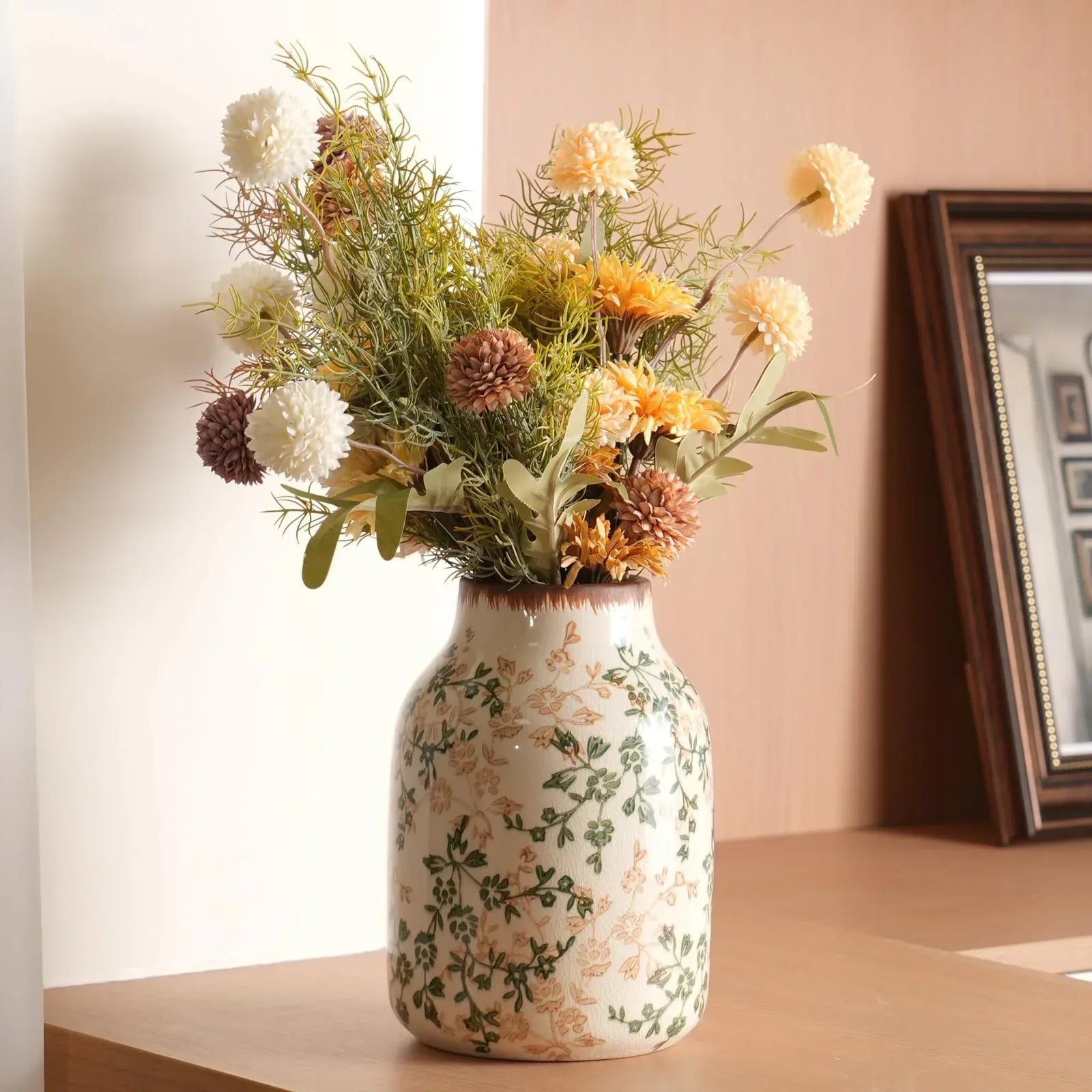 Vintage Ceramic Vase - 8.2 Inch Hand-Painted Roses with Ice Crackle Glaze Finish, American Farmhouse Style Pitcher Vase for Home Decor, Centerpiece, Shelf, Table, Office, Rustic Wedding Gift - Handmade Lifestyle Shop