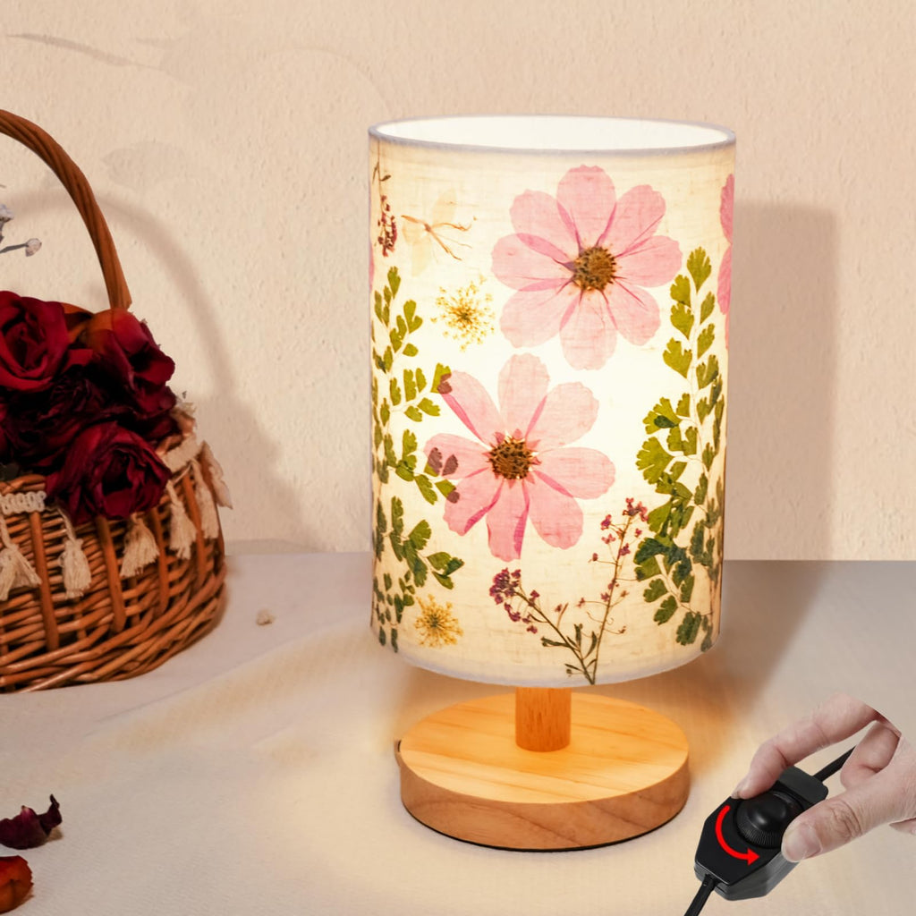 Dried Flowers Small Table Lamp 5W LED 3-Color Bedside Lamp Pressed Flowers Lampshade with Wood Base for Bedroom Living Room Desk Nursery