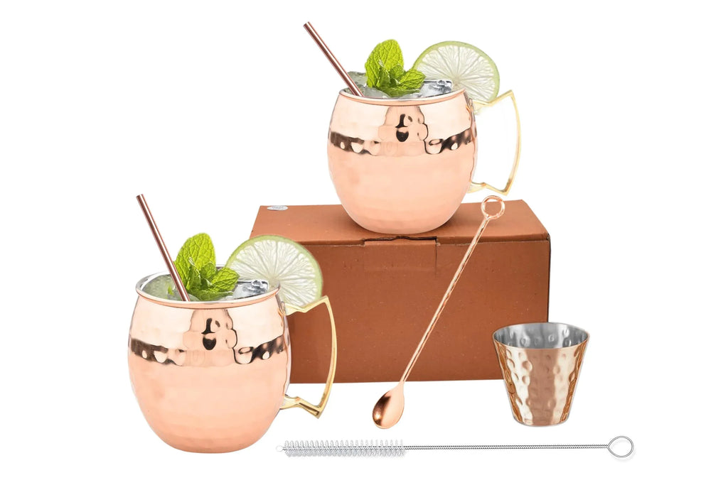 BOLD & DIVINE Moscow Mule Copper Mugs - Set of 2, 100% HANDCRAFTED - Food Safe Pure Copper Solid Mugs - 16 oz Gift Set with Premium Quality Cocktail Straws & Shot Glass! - Handmade Lifestyle Shop