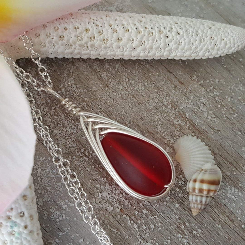Yinahawaii Handmade Sea Glass Necklace, Hawaiian Jewelry For Women, Braided Teardrop Necklace, Unique Sea Glass Jewelry For Women Birthday Gift
