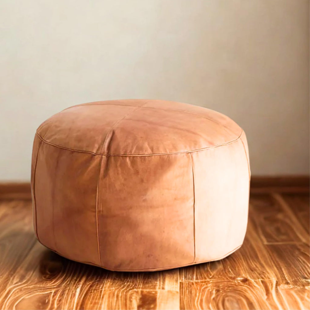 Handmade Moroccan Round Leather Pouf – Delivered Unstuffed – Ottoman, Footstool, Footrest, Hassock, Floor Cushion – Versatile Artisan Accent (Tan, 12"×12"×12" in)