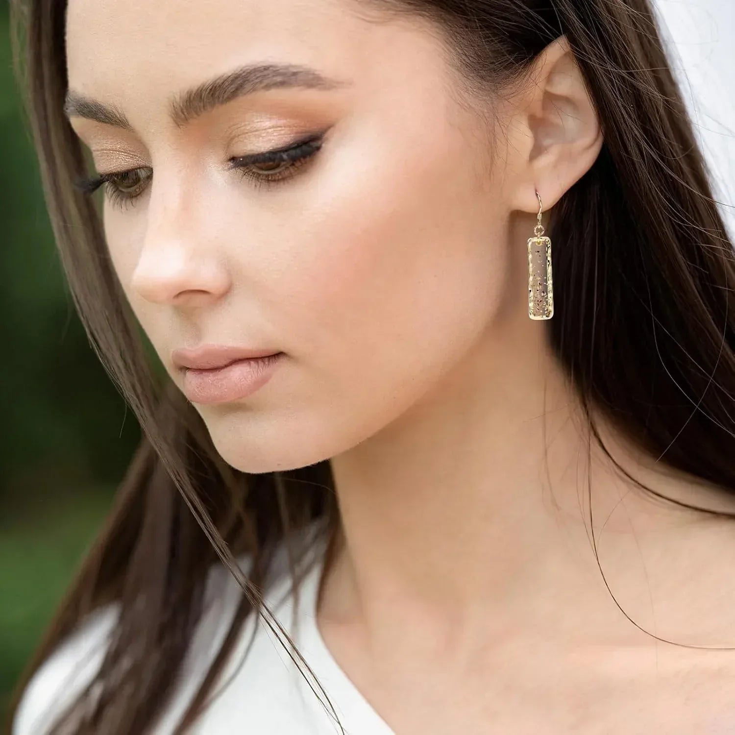 Gold Rectangle Dangle Earrings - Handmade Resin with Abalone Shell Pieces, Unique Drop Earrings - Handmade Lifestyle Shop