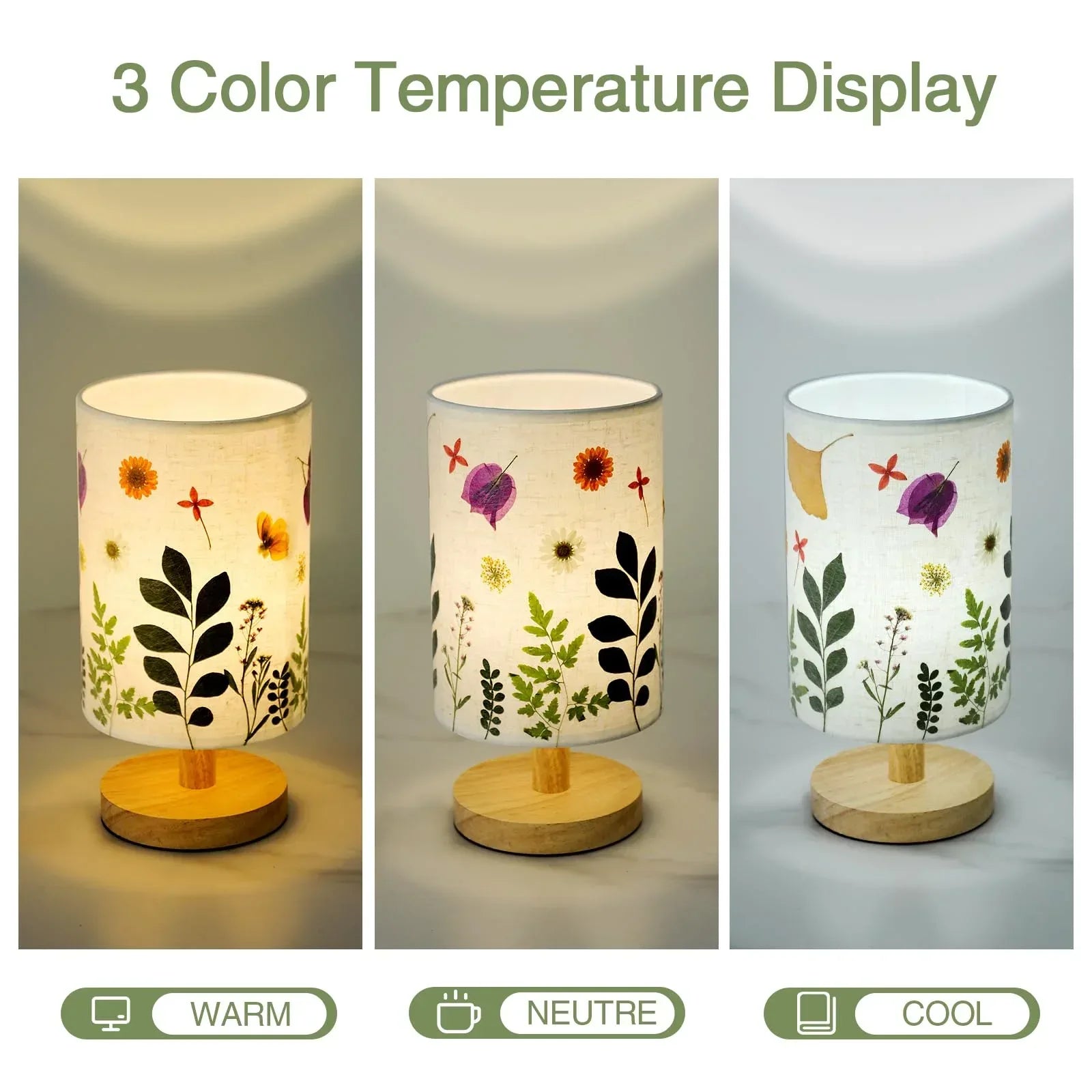 Dried Flowers Small Table Lamp 5W LED 3-Color Bedside Lamp Pressed Flowers Lampshade with Wood Base for Bedroom Living Room Desk Nursery - Handmade Lifestyle Shop