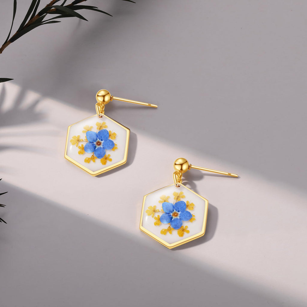 Forget-Me-Not and Queen Anne's Lace Pressed Wildflower Earrings | Pressed Flower Earrings | Handmade Drop and Dangle Earrings | Gift for Woman